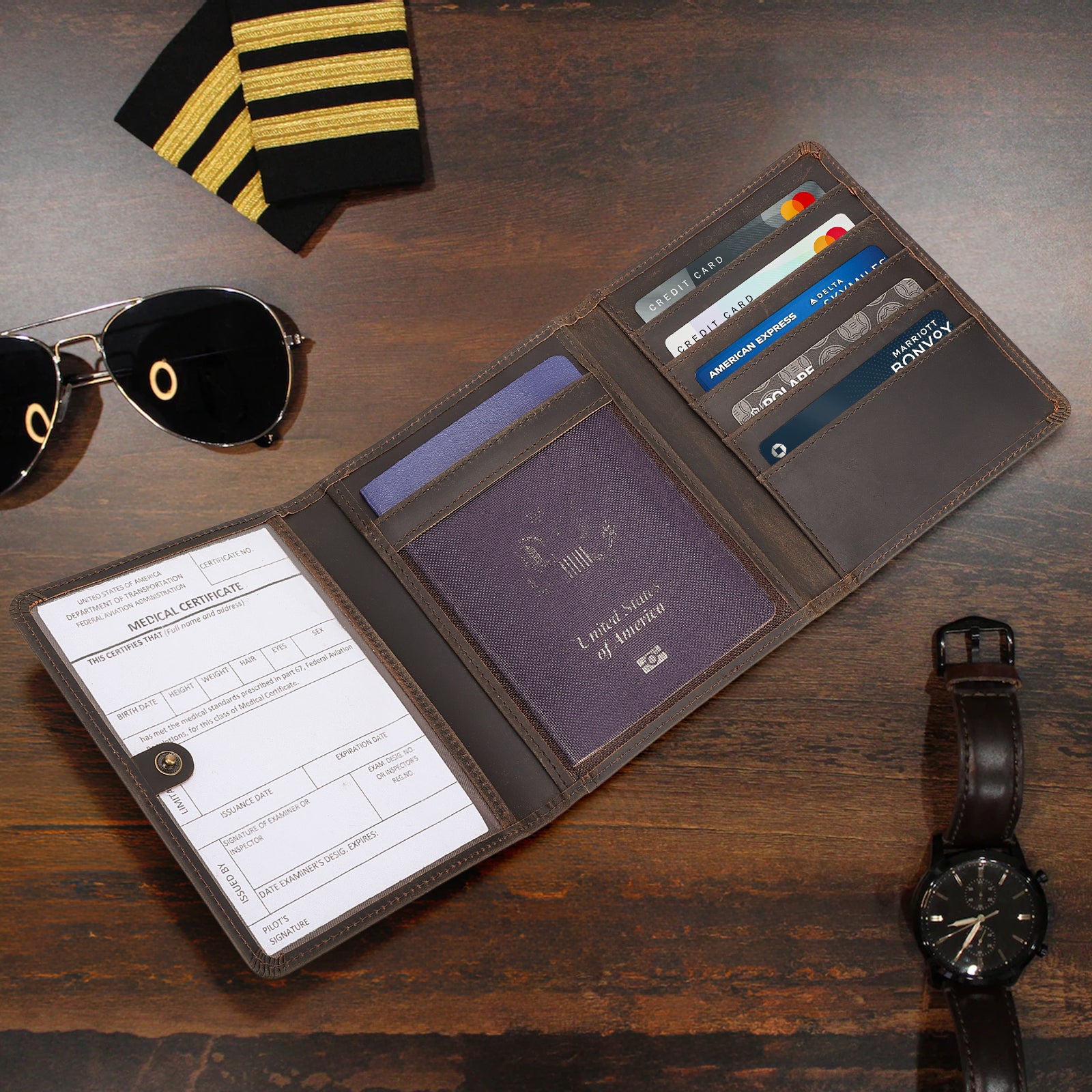 Full Grain Leather Trifold Pilot Wallet Passport Holder (Scenario Shows)
