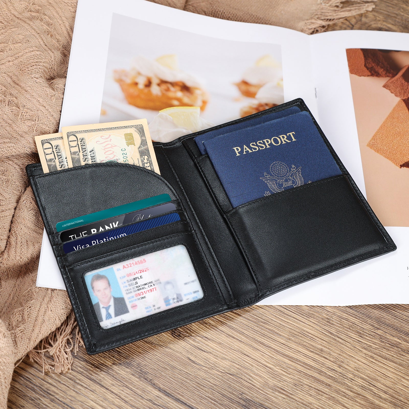Full Grain Leather Bifold Wallet Passport Holders 2 Passports (Black)