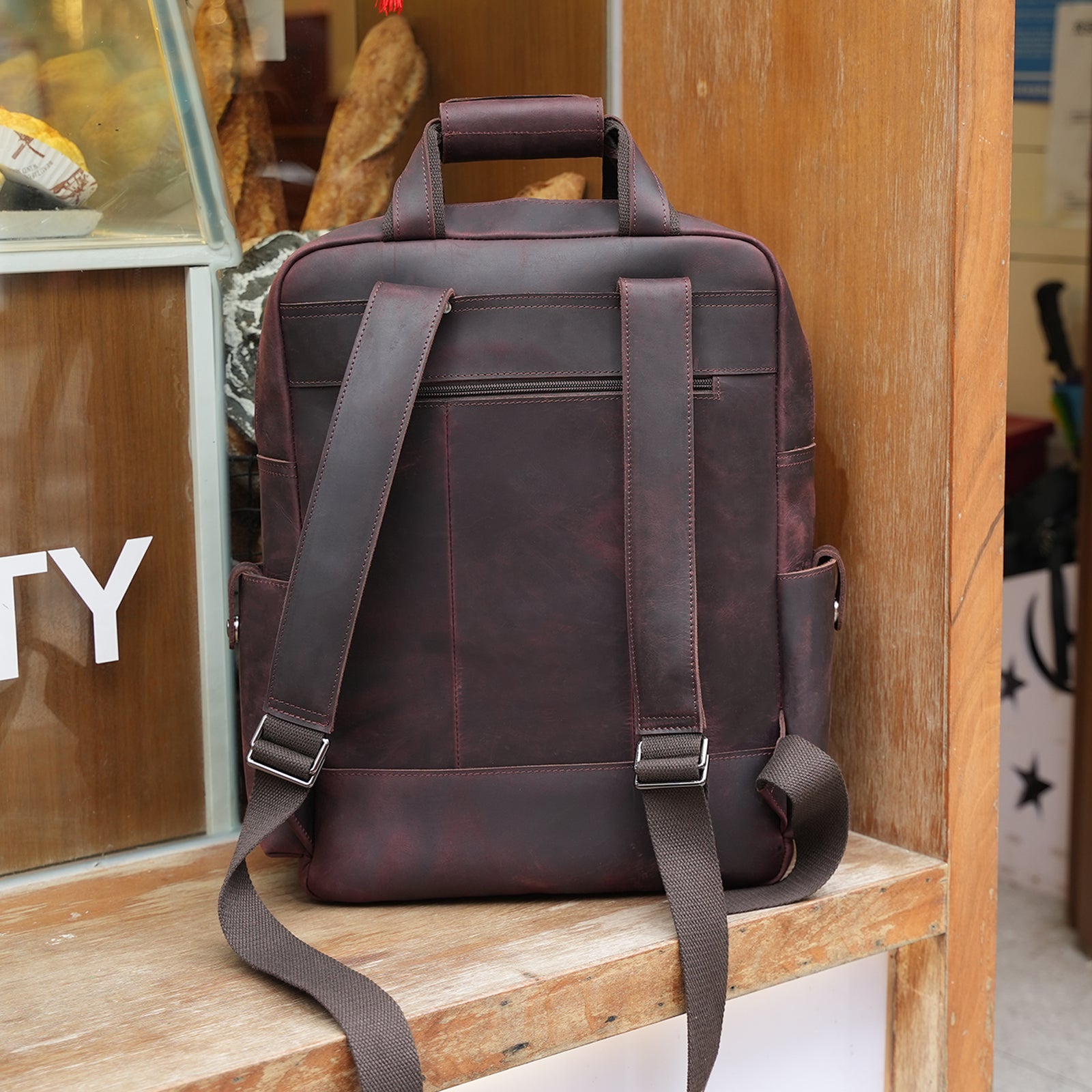 Polare Real Leather Vintage Laptop Backpack Shoulder Bag (Dark Brown,Scenario Shows)
