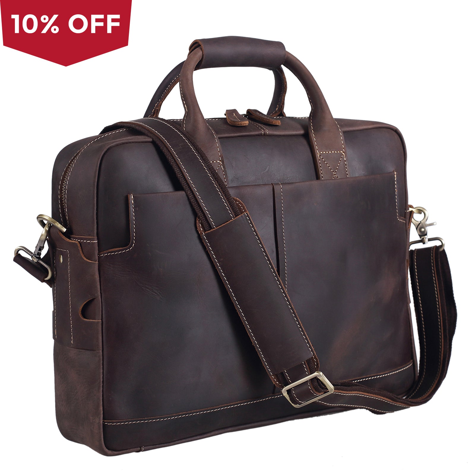 Polare Thick Authentic Genuine Leather 16'' Laptop Case Bag Briefcase (Dark Brown)