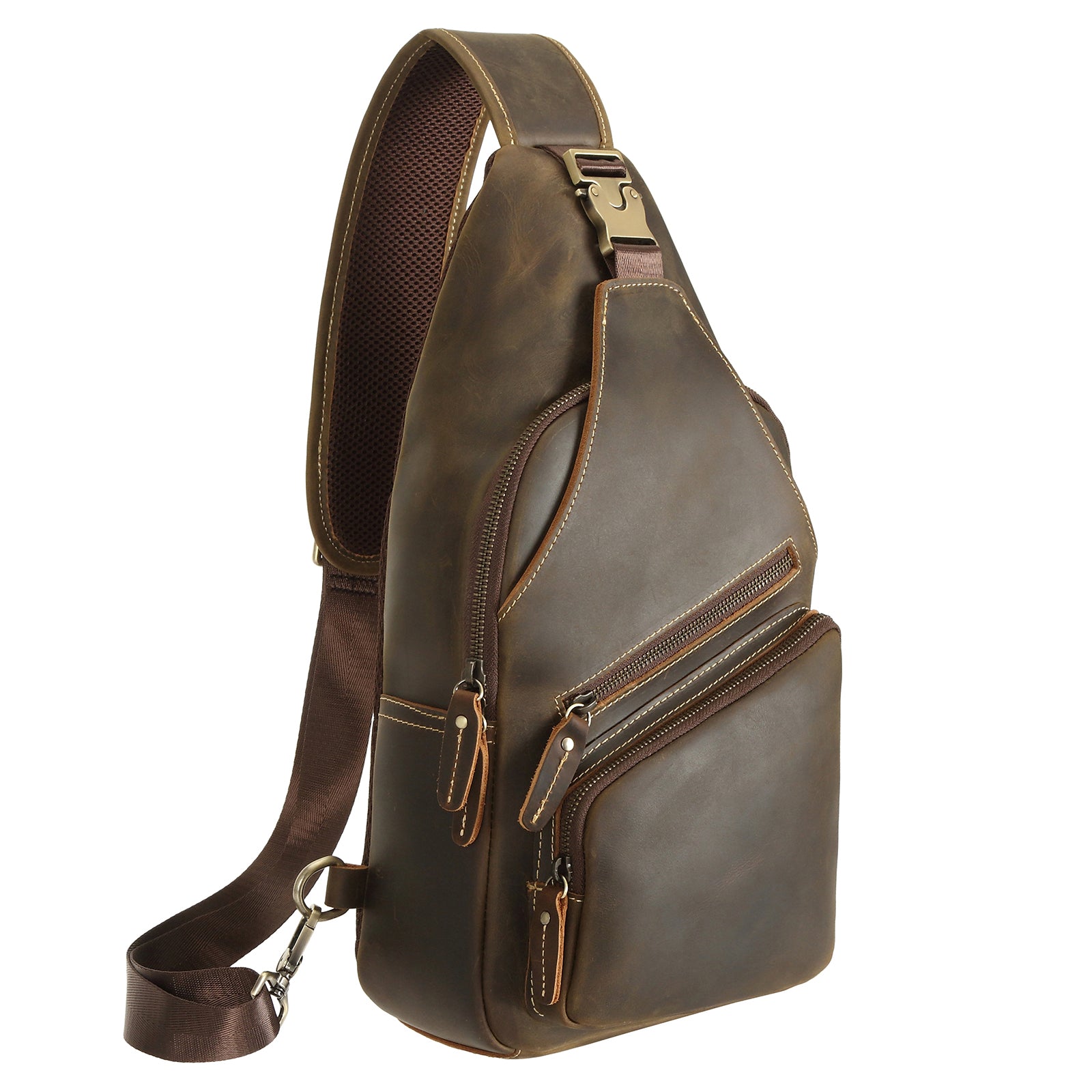 Crazy Horse Leather Sling Bag Vintage Leather Chest Bag Mens Crossbody Bag