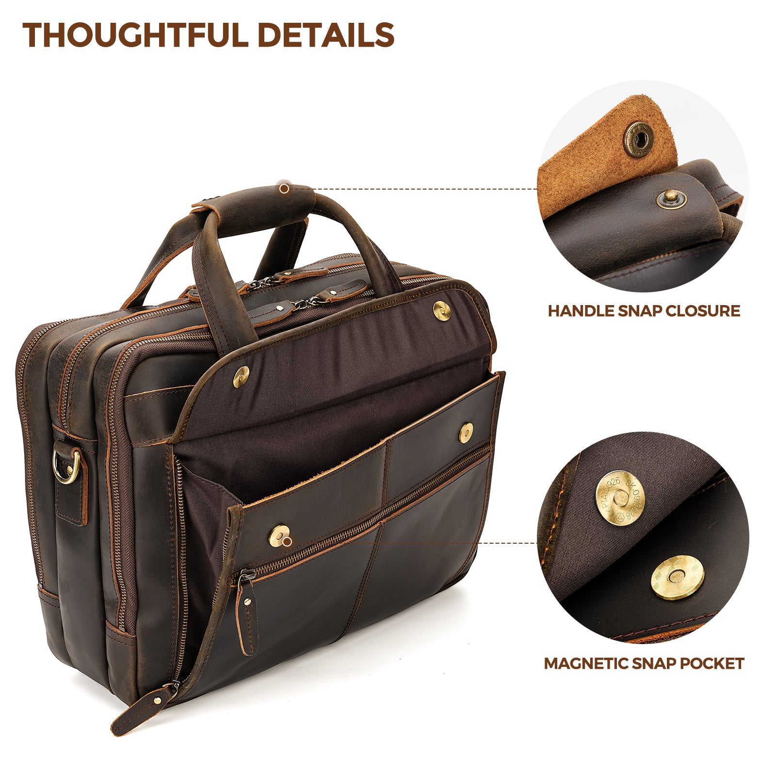 Full Grain Leather Laptop Briefcase for Men multiple pockets smart organization