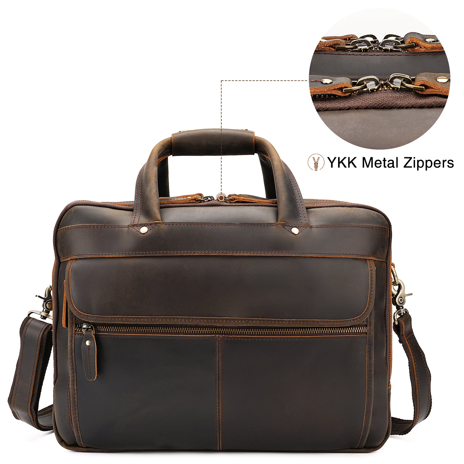 Full Grain Leather Laptop Briefcase for Men YKK zipper premium hardware