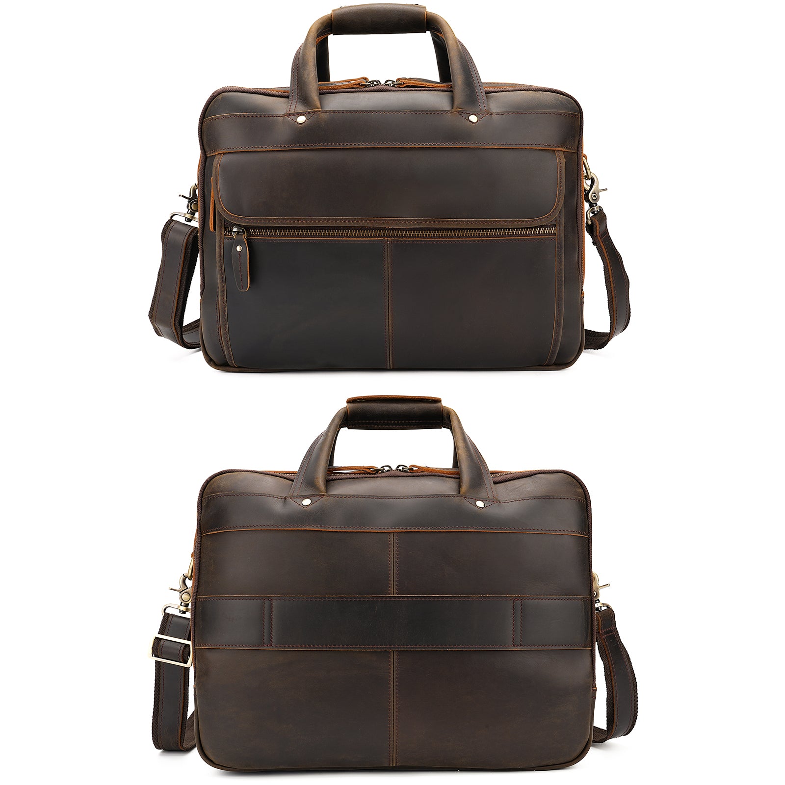 Full Grain Leather Laptop Briefcase for Men front and back leather design