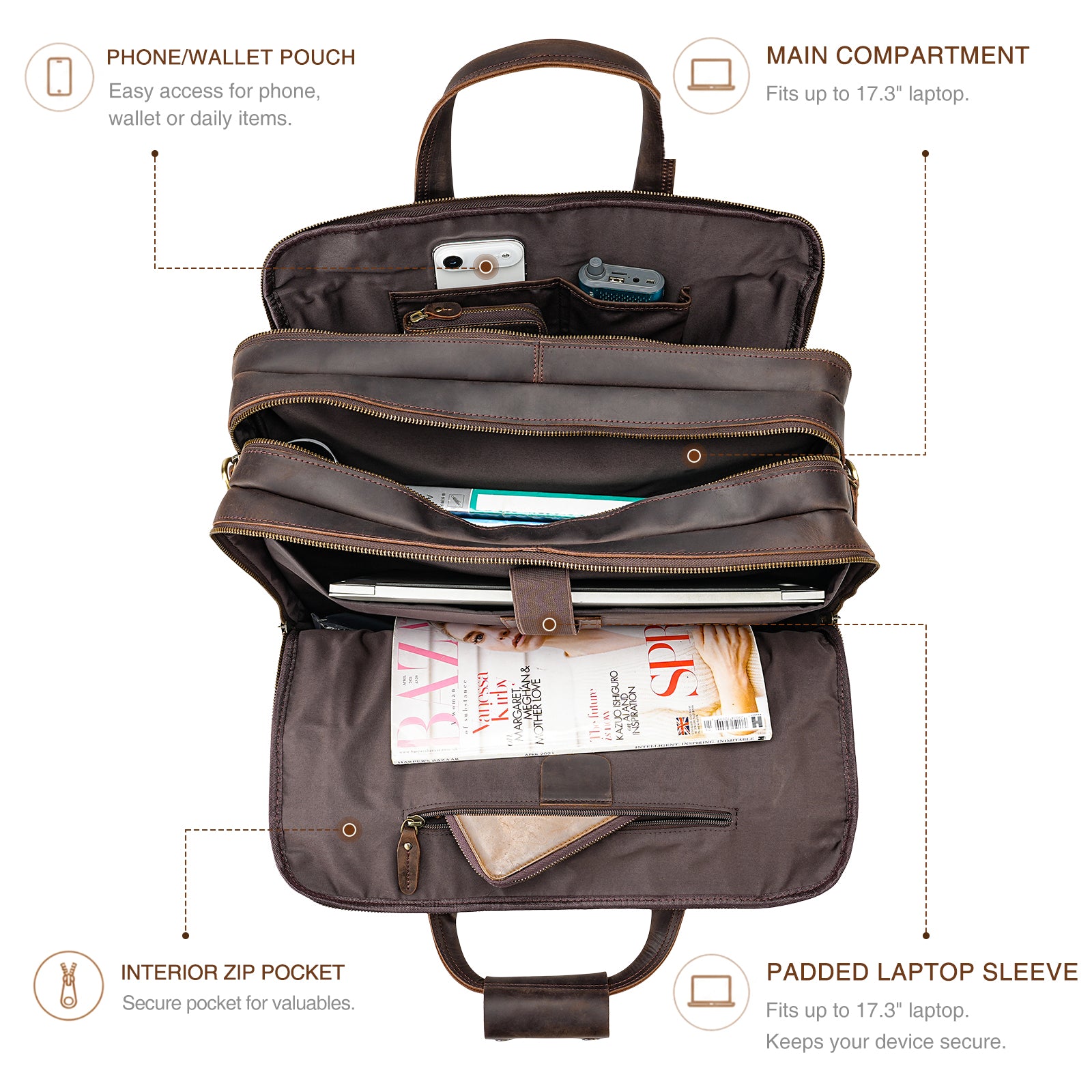 17.3 Inch Laptop Briefcase for Men organized interior compartment
