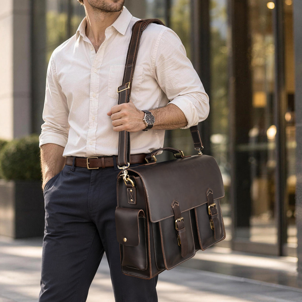 Leather Briefcase for Men shoulder carry business travel style