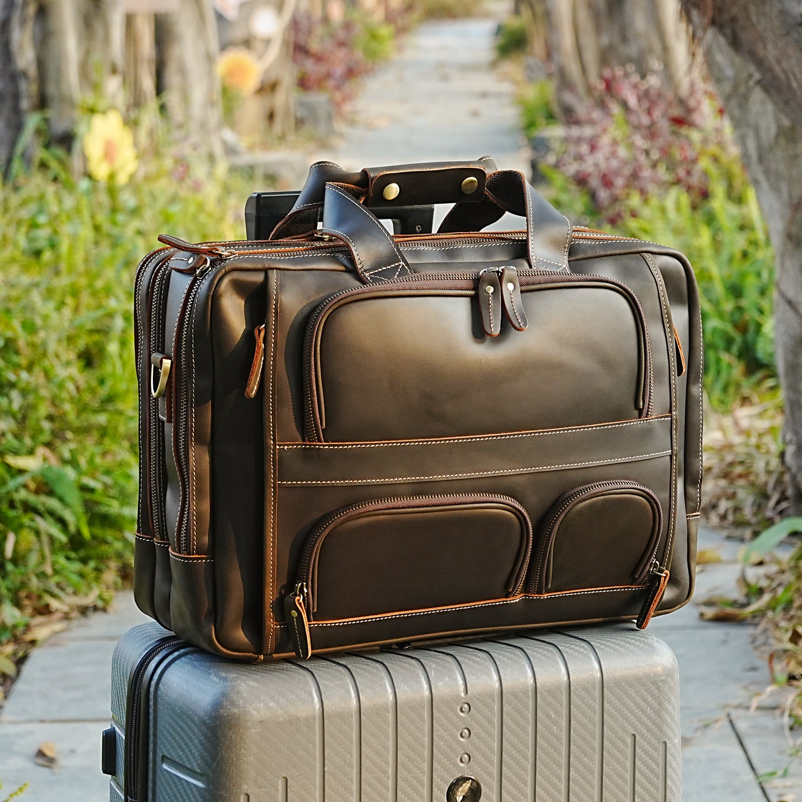 Full Grain Cowhide Leather 17'' Laptop Large Briefcase (Scenario Shows)