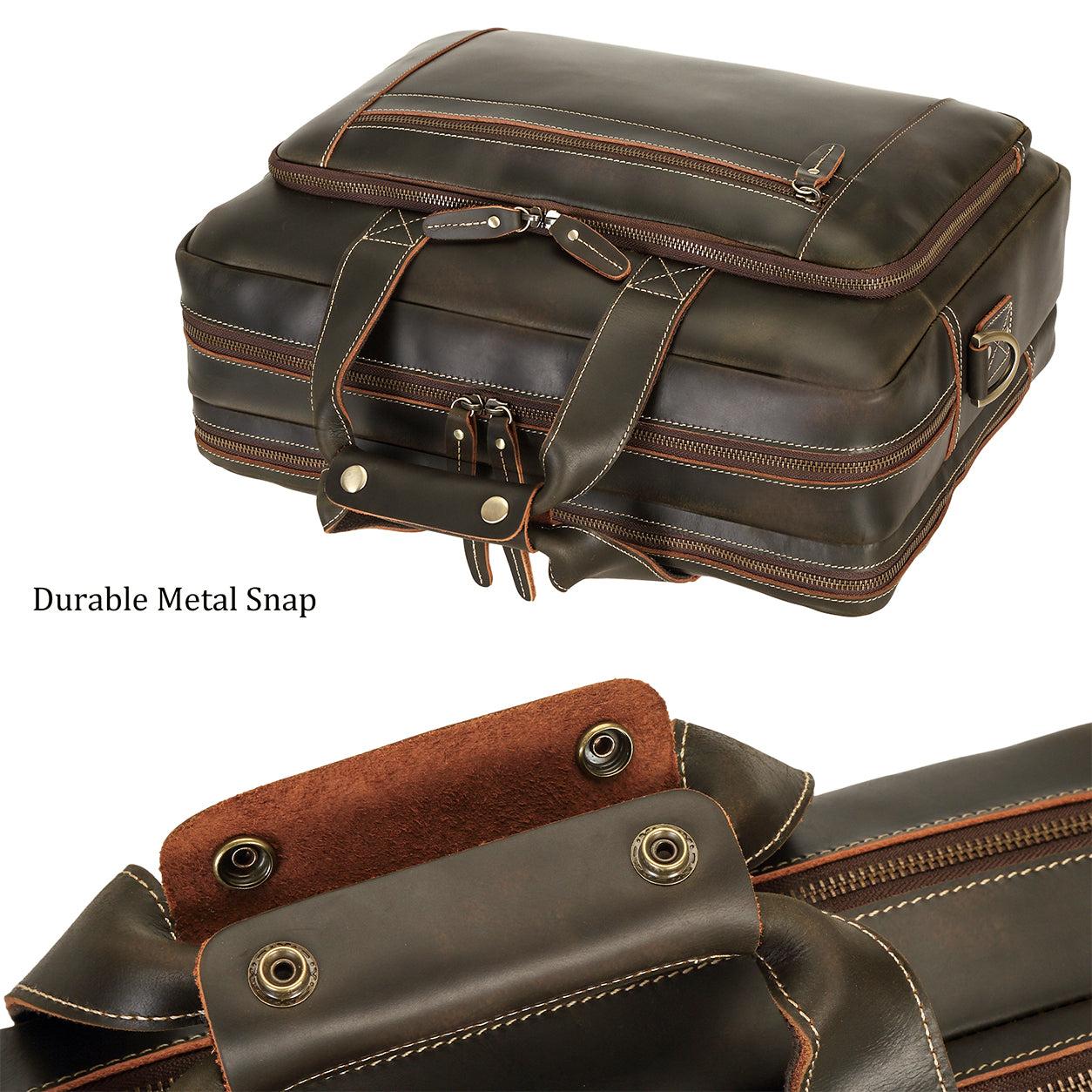leather briefcase metal hardware buckle closure detail craftsmanship