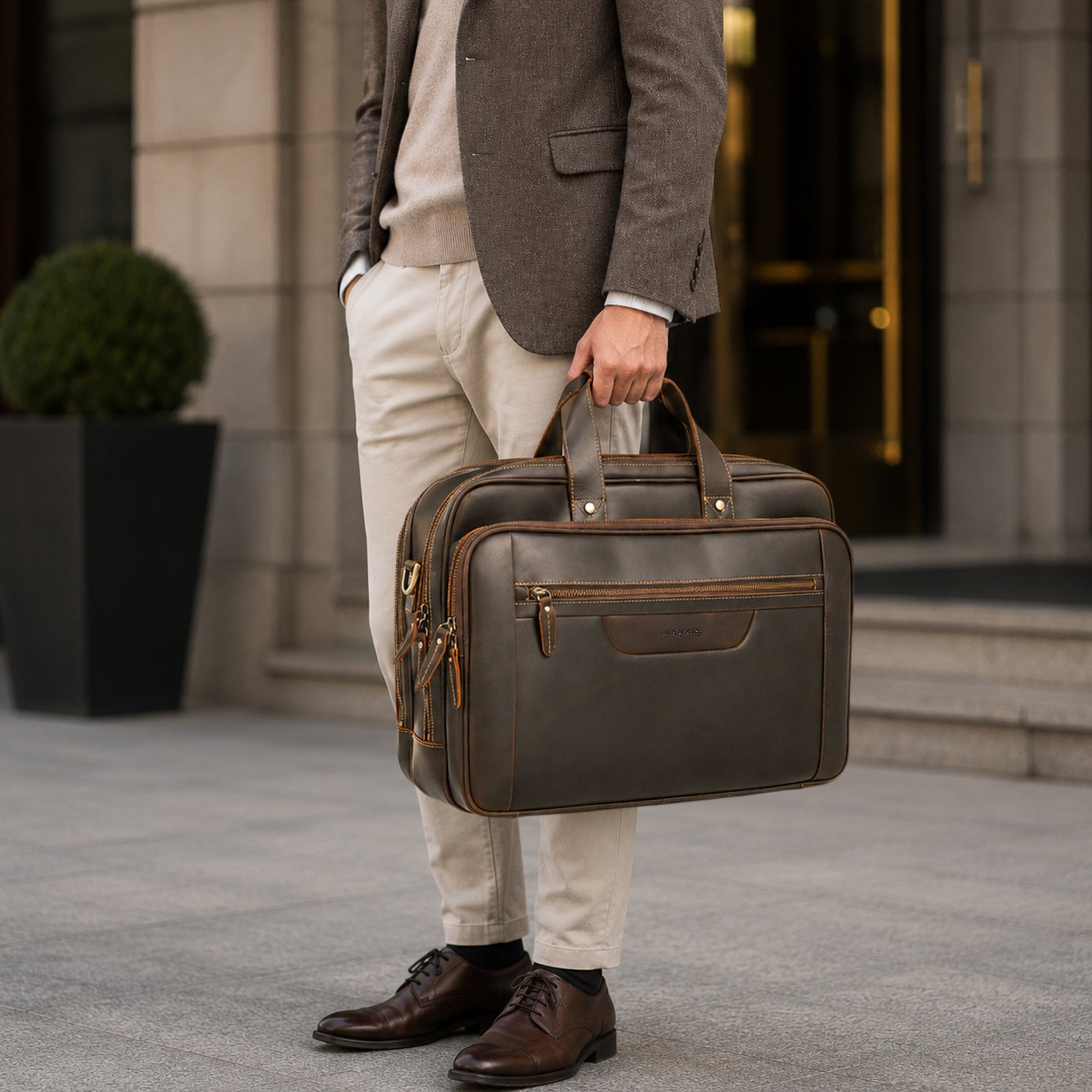 Polare 18" Full Grain Leather Briefcase For Men Business Travel Laptop Carrying Case Fits 17.3” Laptop