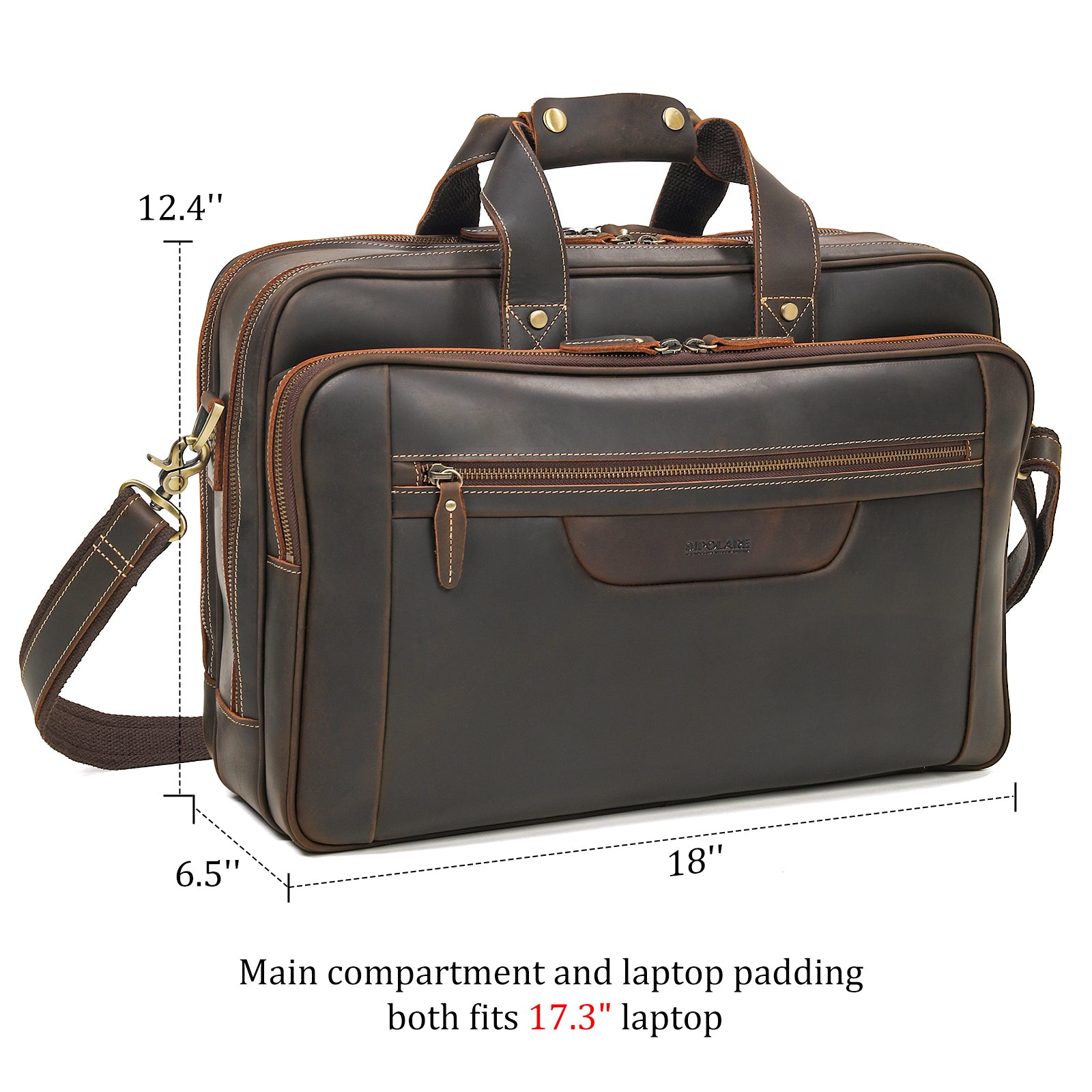 Polare 18" Full Grain Leather Briefcase For Men Business Travel Laptop Carrying Case Fits 17.3” Laptop