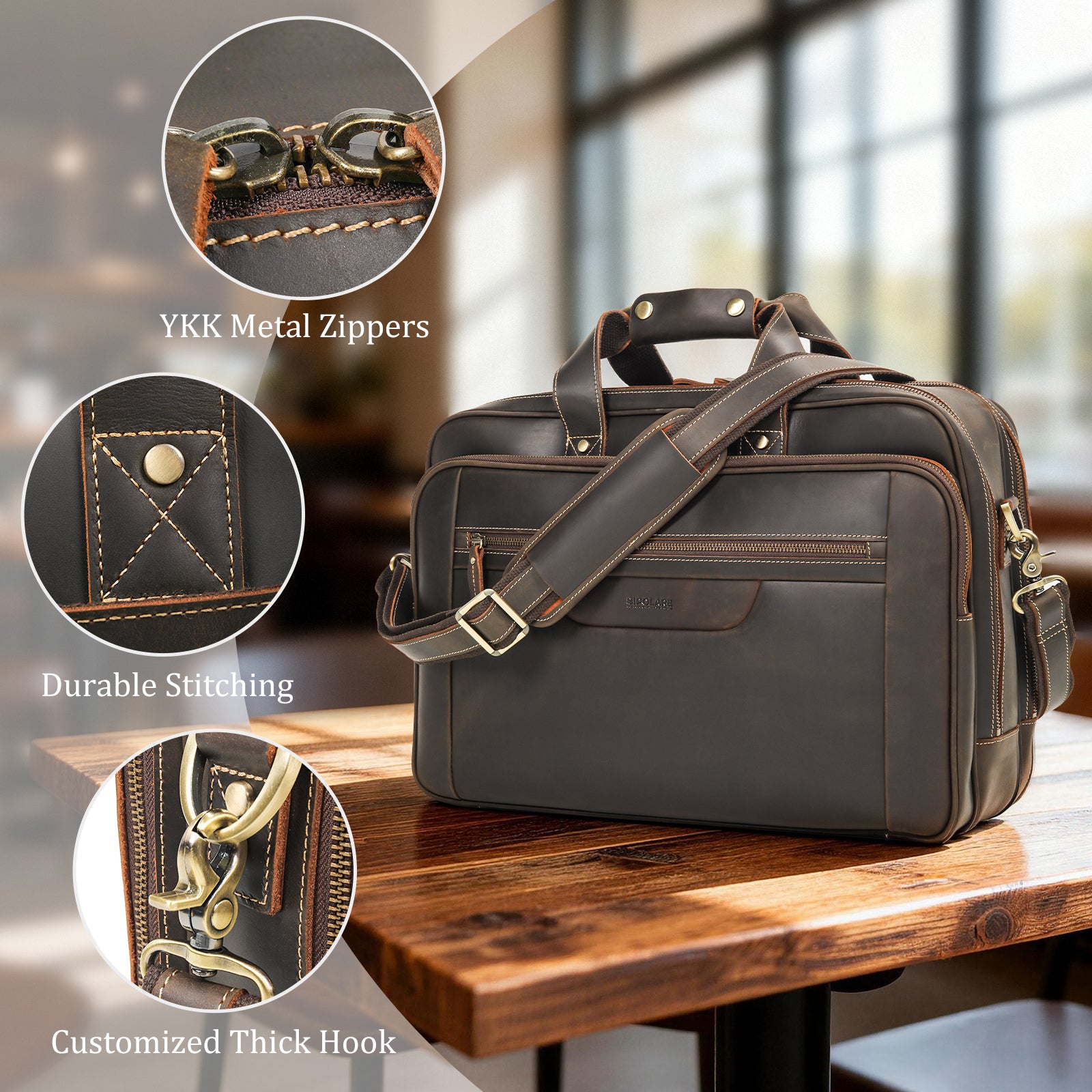 Polare 18" Full Grain Leather Briefcase For Men Business Travel Laptop Carrying Case Fits 17.3” Laptop