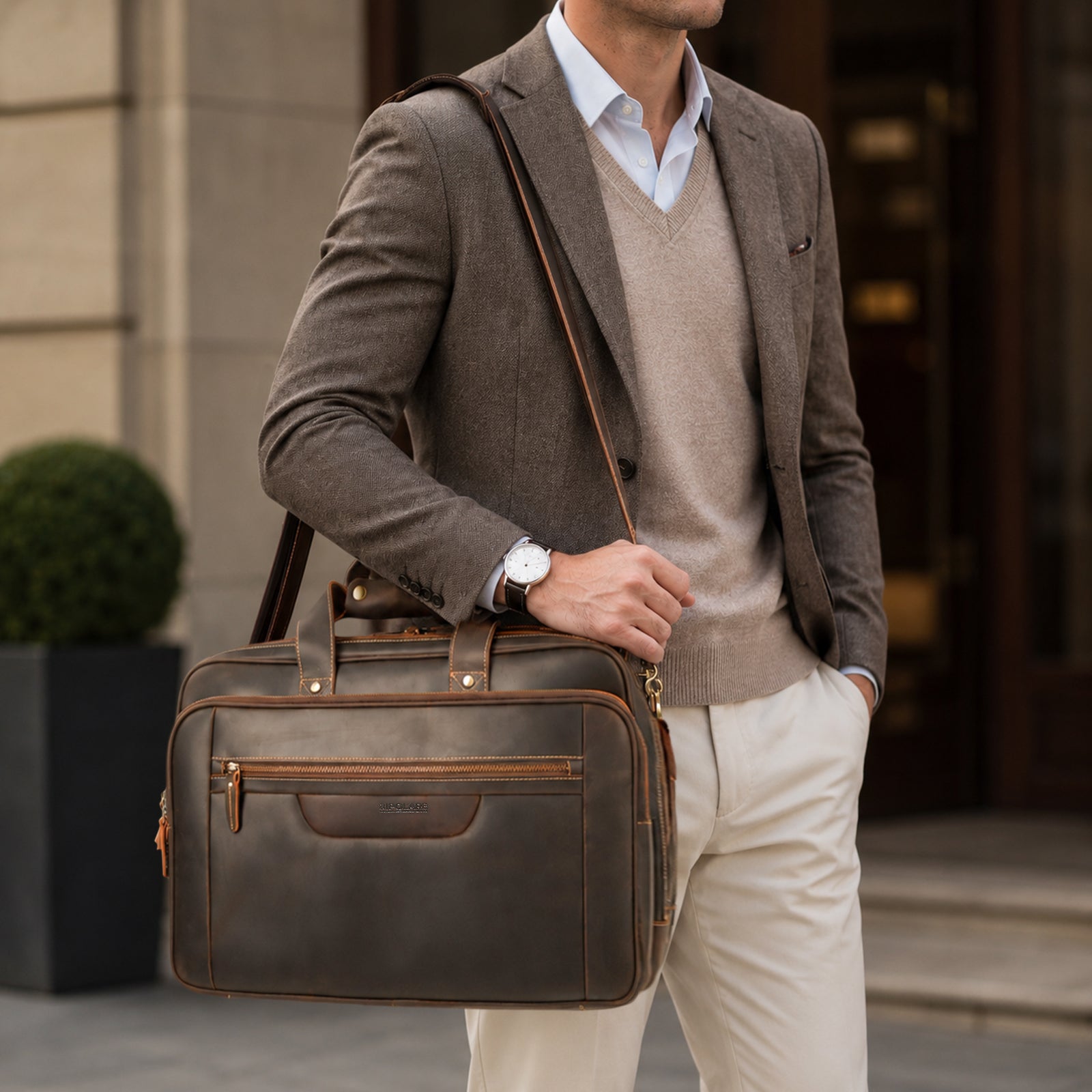 Full Grain Leather Briefcase for Men Laptop Bag for Business Professionals