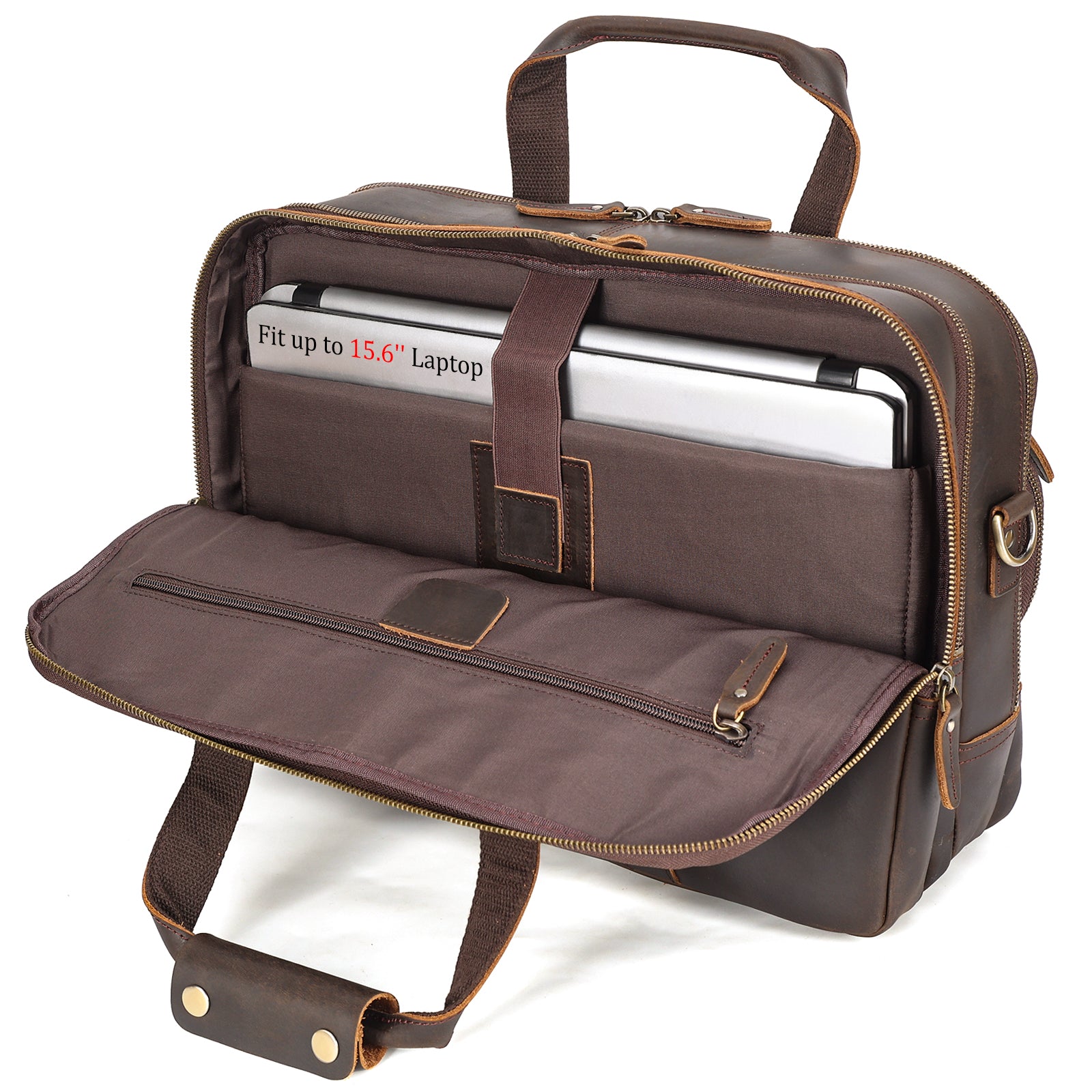 Full Grain Leather Briefcase Travel Messenger Bag Fits 15.6" Laptop (Laptop Sleeve)