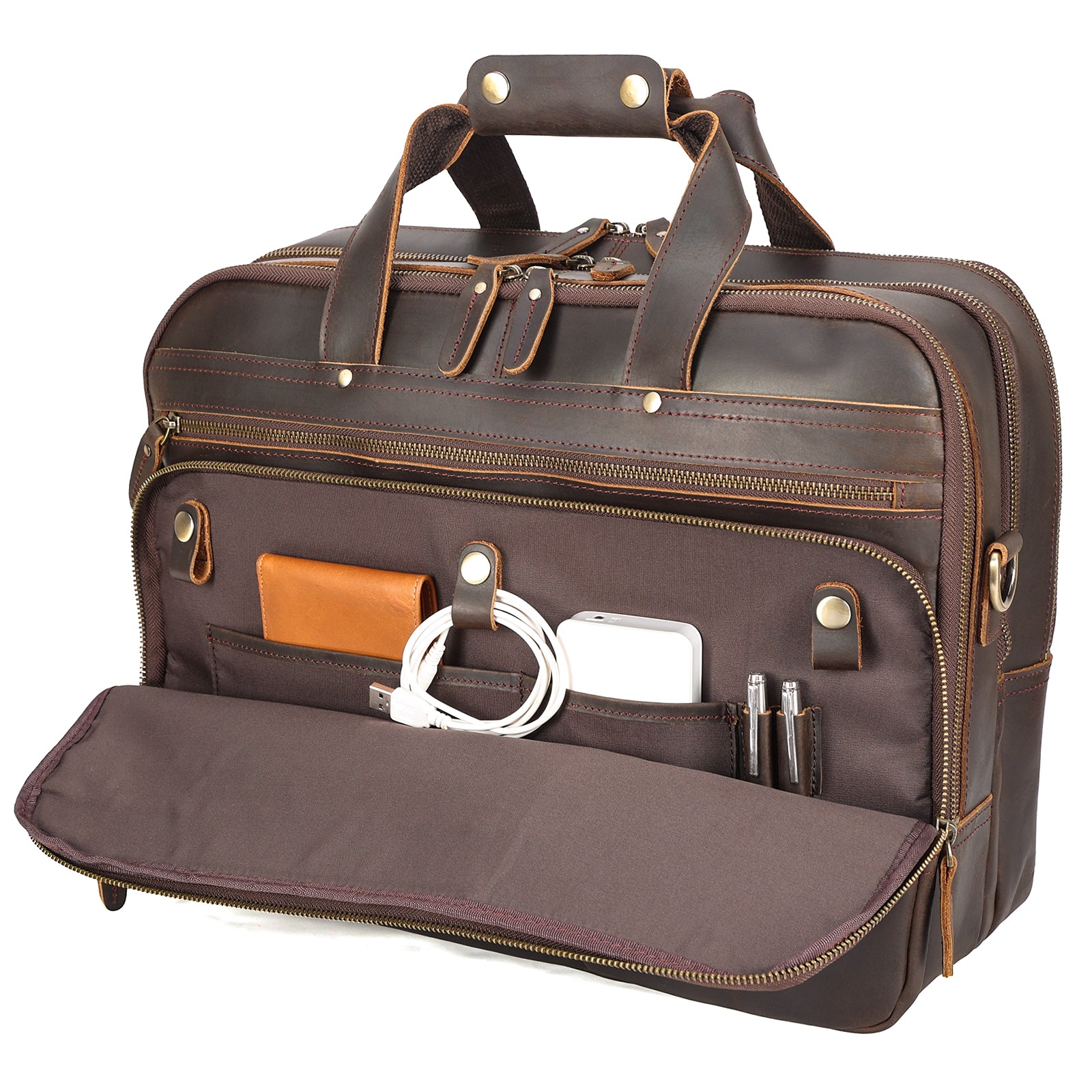 Full Grain Leather Briefcase Travel Messenger Bag Fits 15.6" Laptop (Front Pocket)