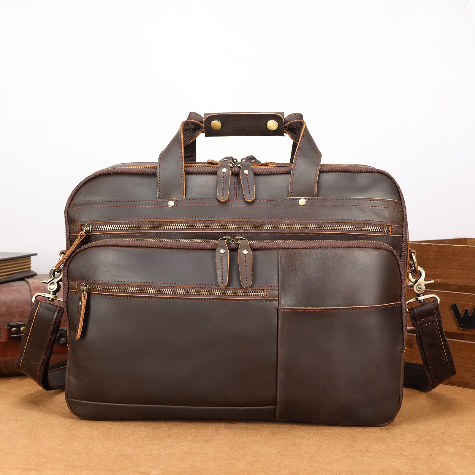 Full Grain Leather Briefcase Travel Messenger Bag Fits 15.6" Laptop (Scenario Shows)