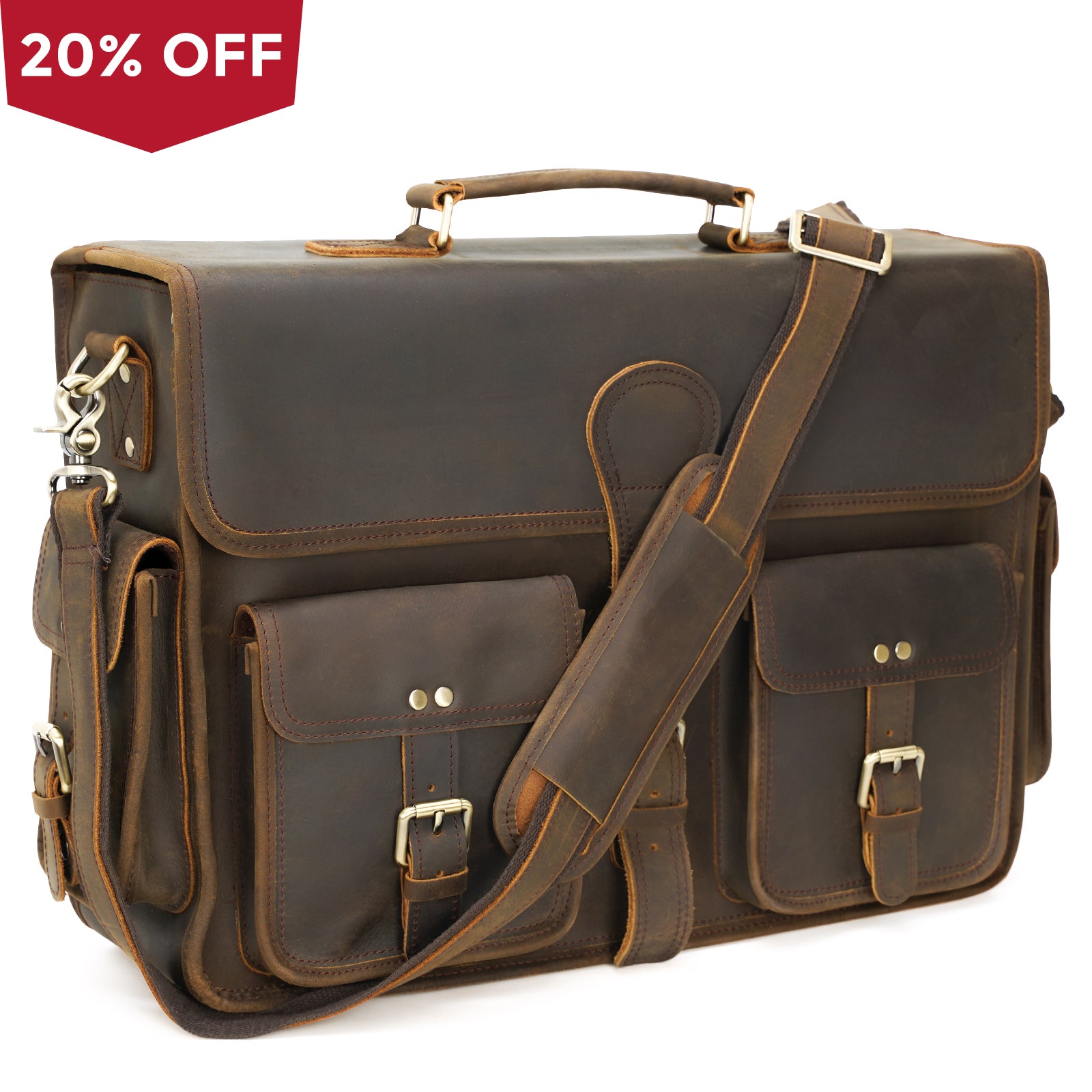 18" Full Grain Leather Laptop Briefcase Vintage Business Bag For Men