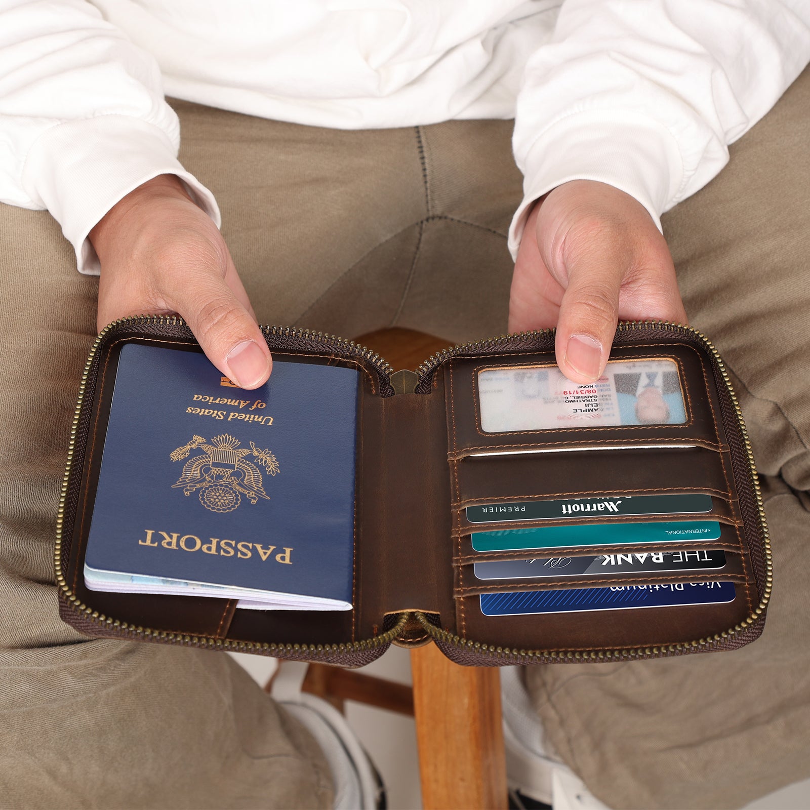 Full Grain Leather Travel Bifold Passport Holder with YKK Zipper (Model Display)