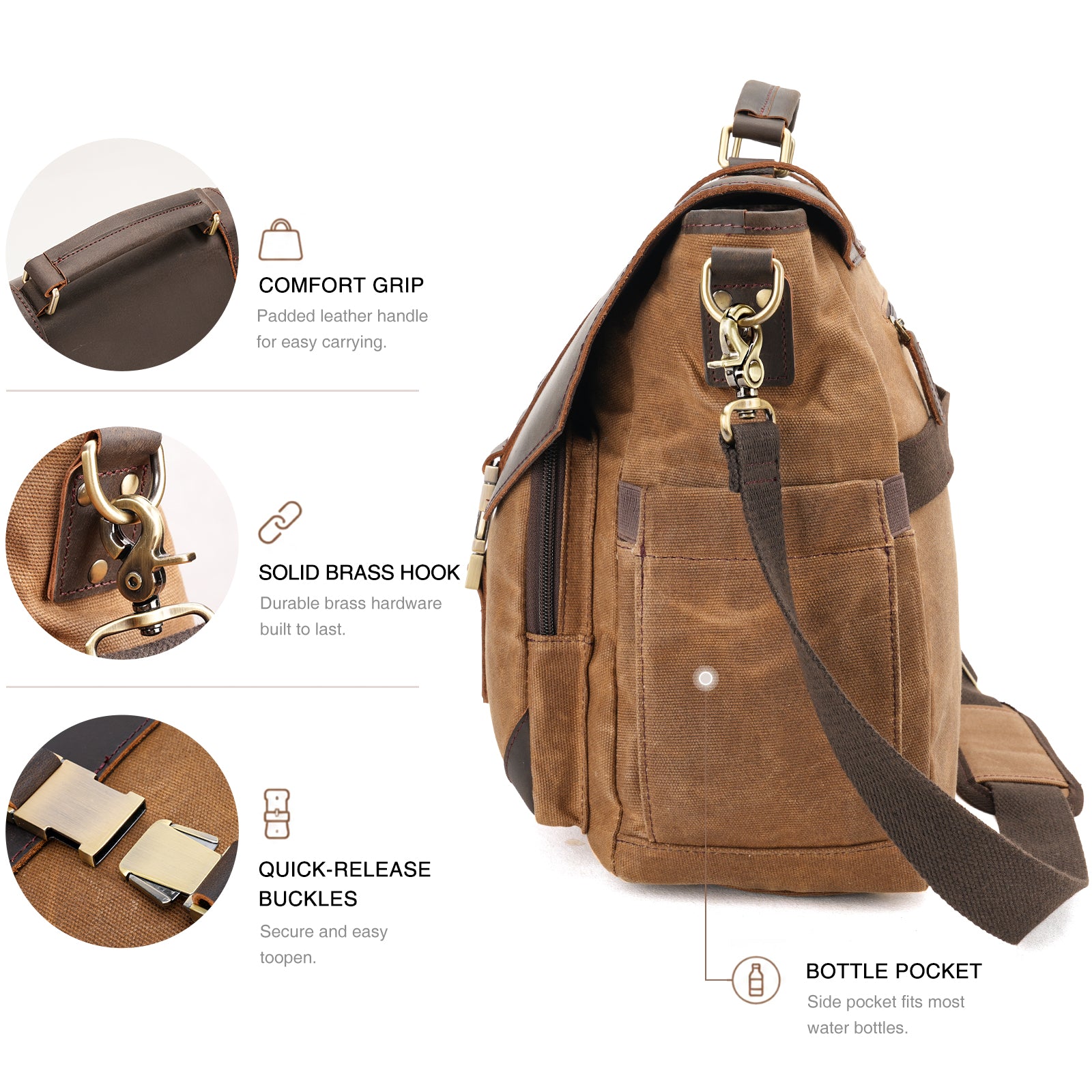 waxed canvas messenger bag front pockets quick access storage