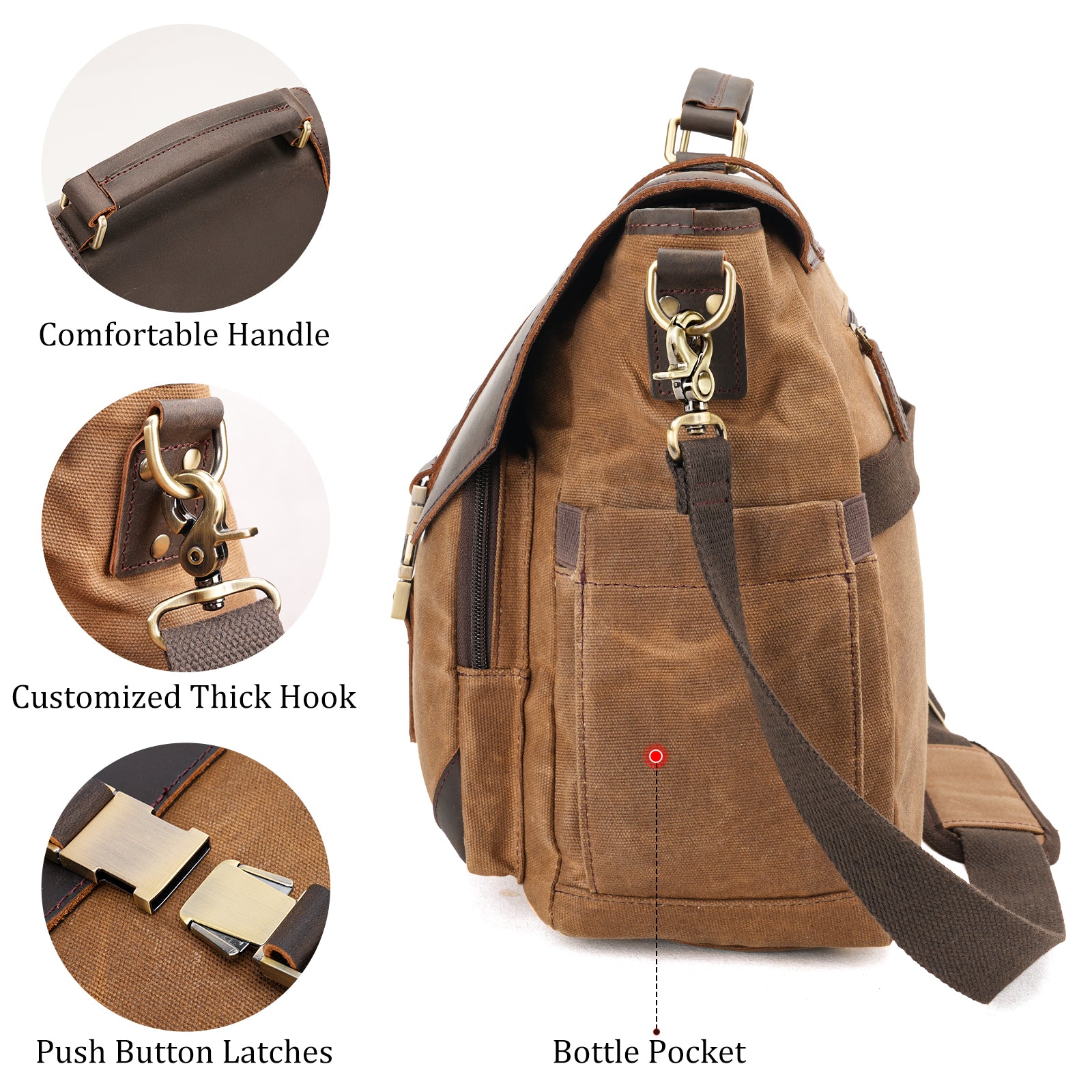 waxed canvas messenger bag front pockets quick access storage