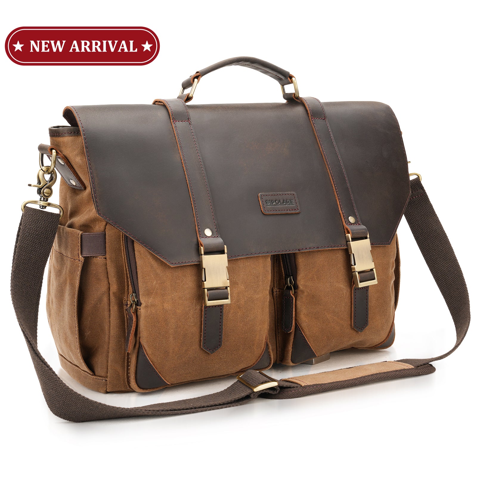 POLARE Waxed Canvas Full Grain Leather Messenger Bag for Men, Vintage