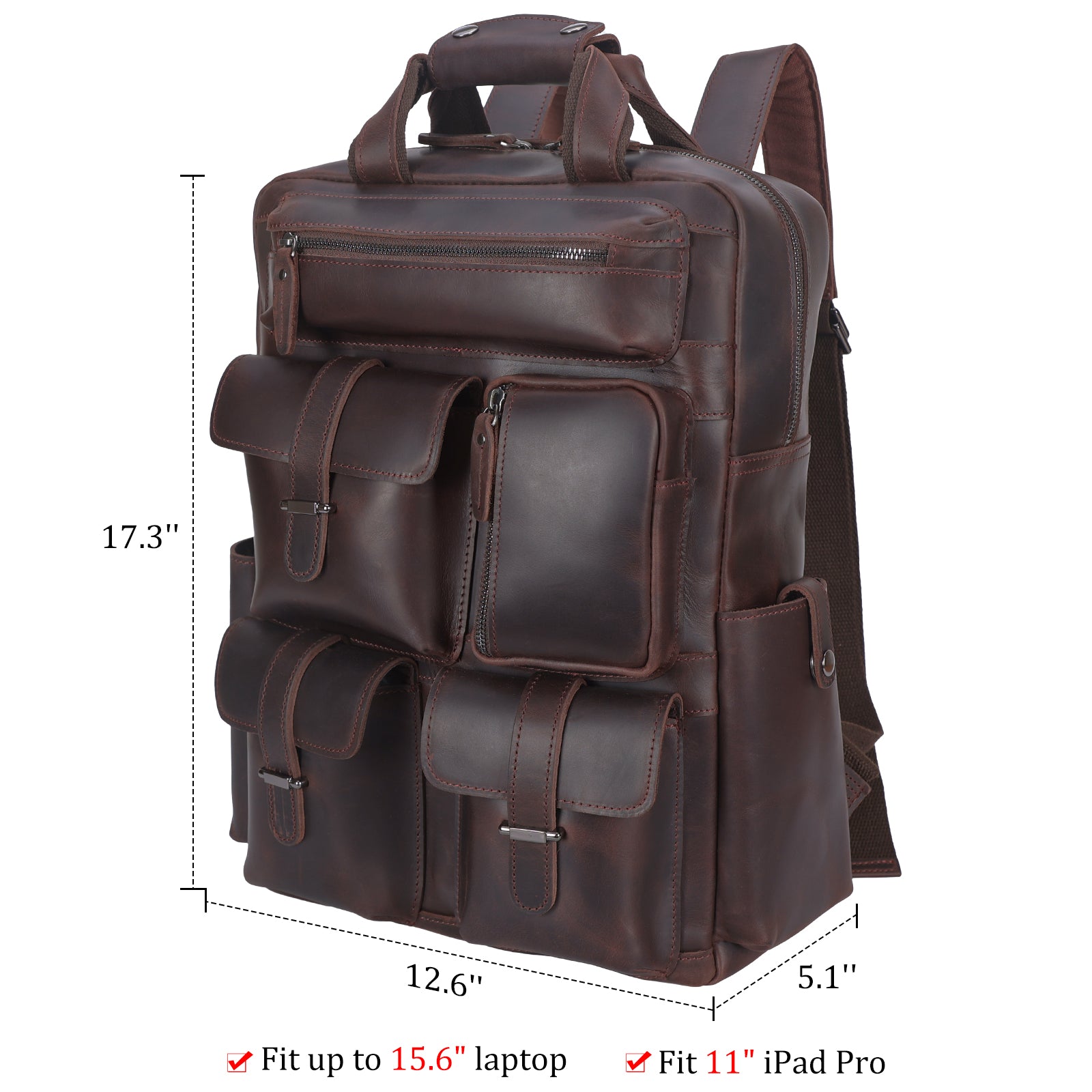 Polare Real Leather Vintage Laptop Backpack Shoulder Bag (Dimension)