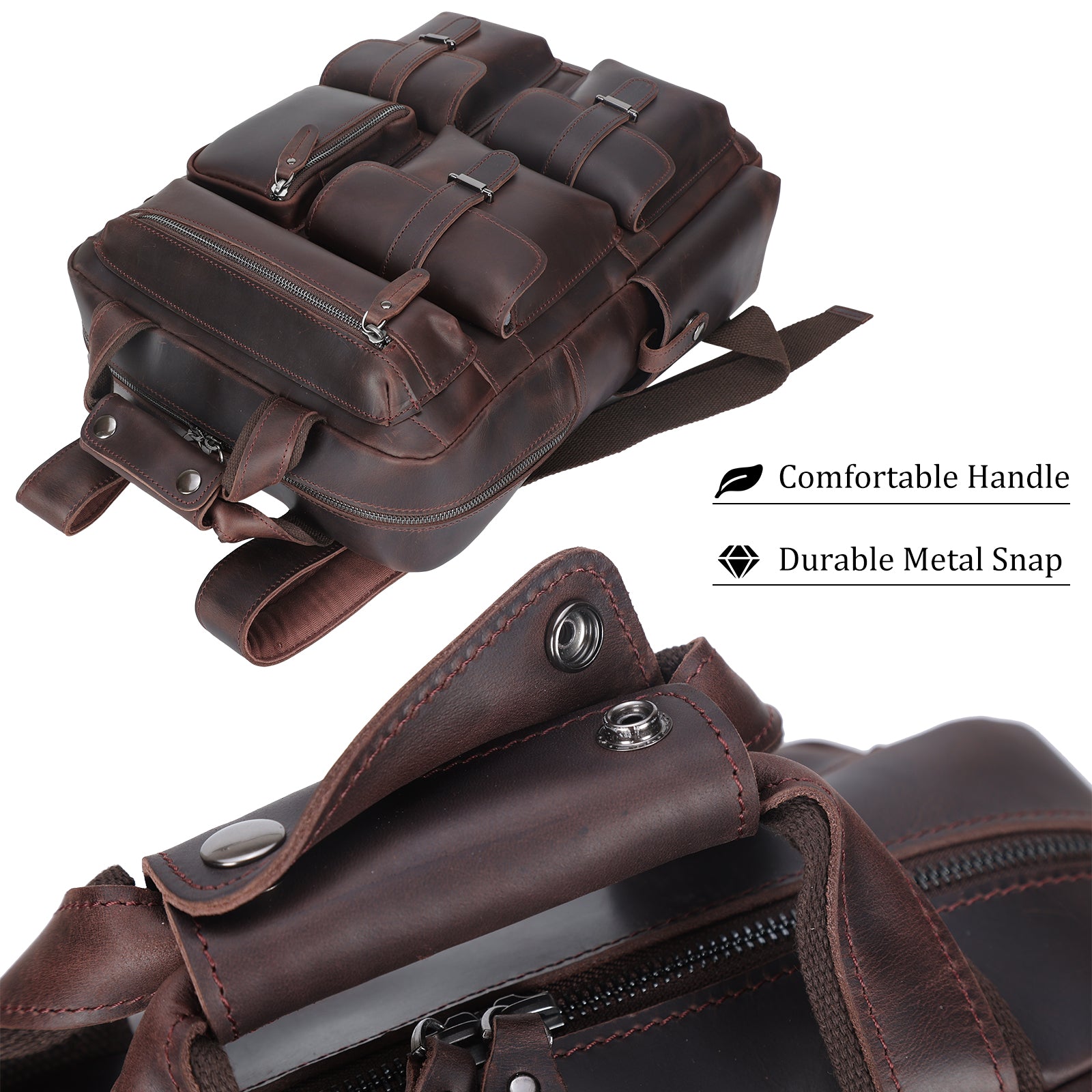 Polare Real Leather Vintage Laptop Backpack Shoulder Bag (Dark Brown, Top)