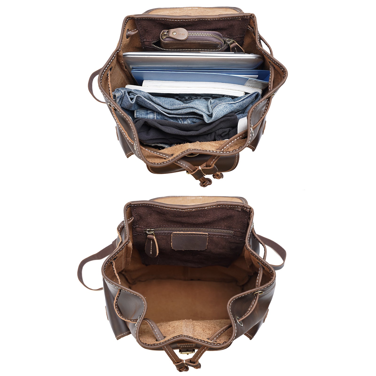Vintage Full Grain Leather Backpack spacious main compartment and interior storage