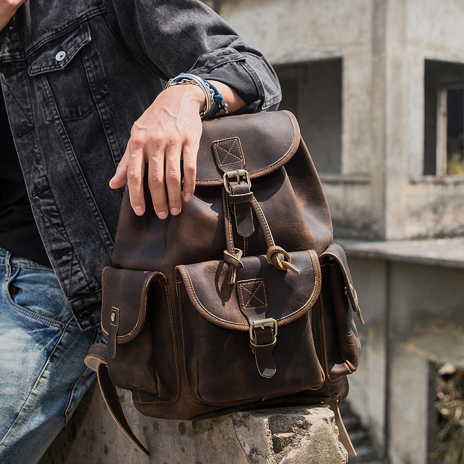 Vintage Full Grain Leather Backpack casual everyday carry for men