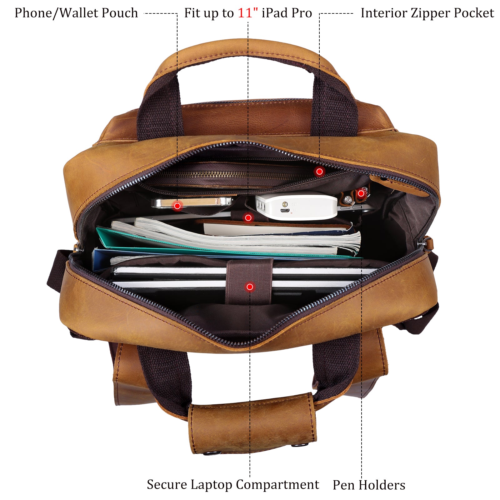Polare Cowhide Leather Multiple Laptop Backpack (Light Brown, Inside)