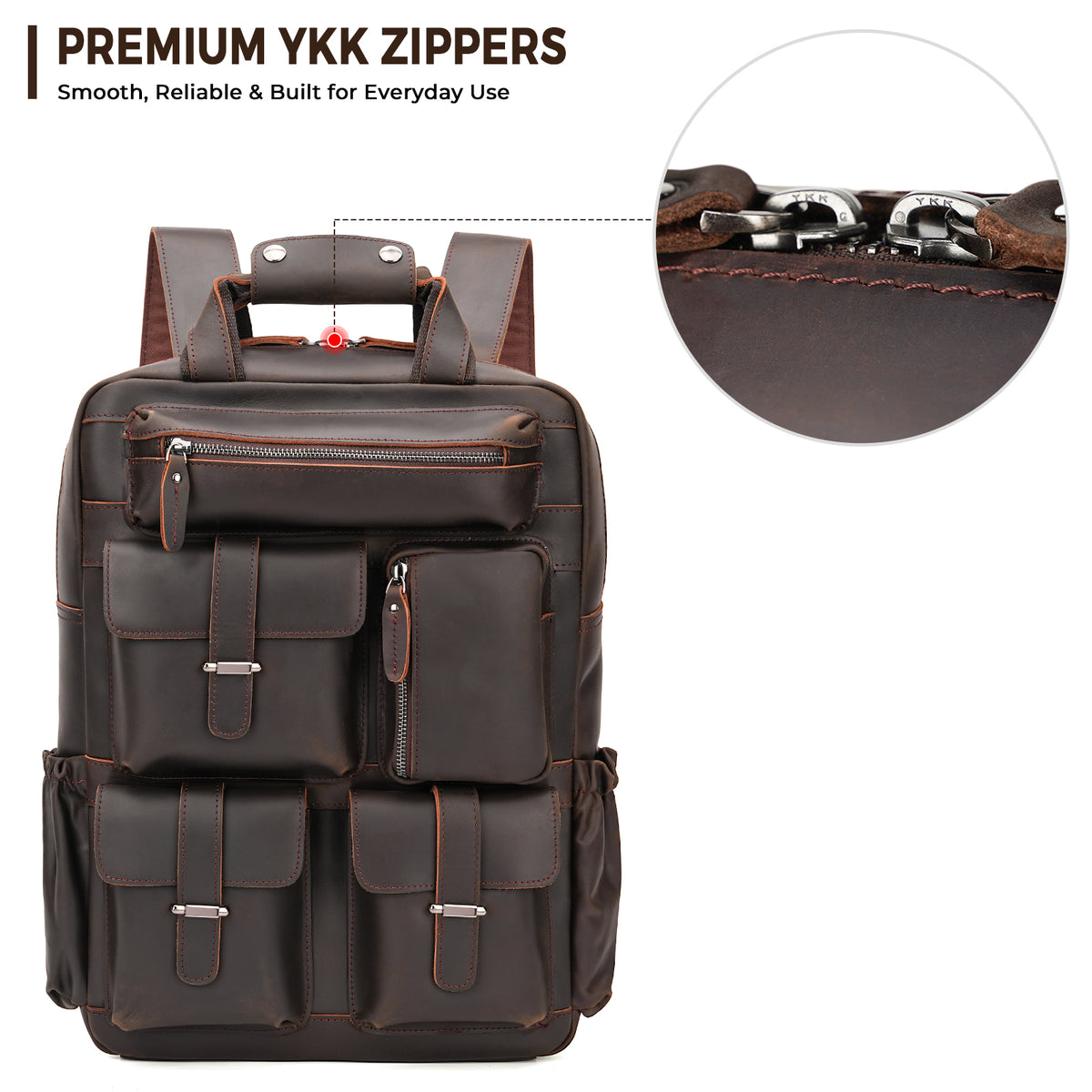 Full Grain Leather Travel Backpack for Men premium YKK zipper details