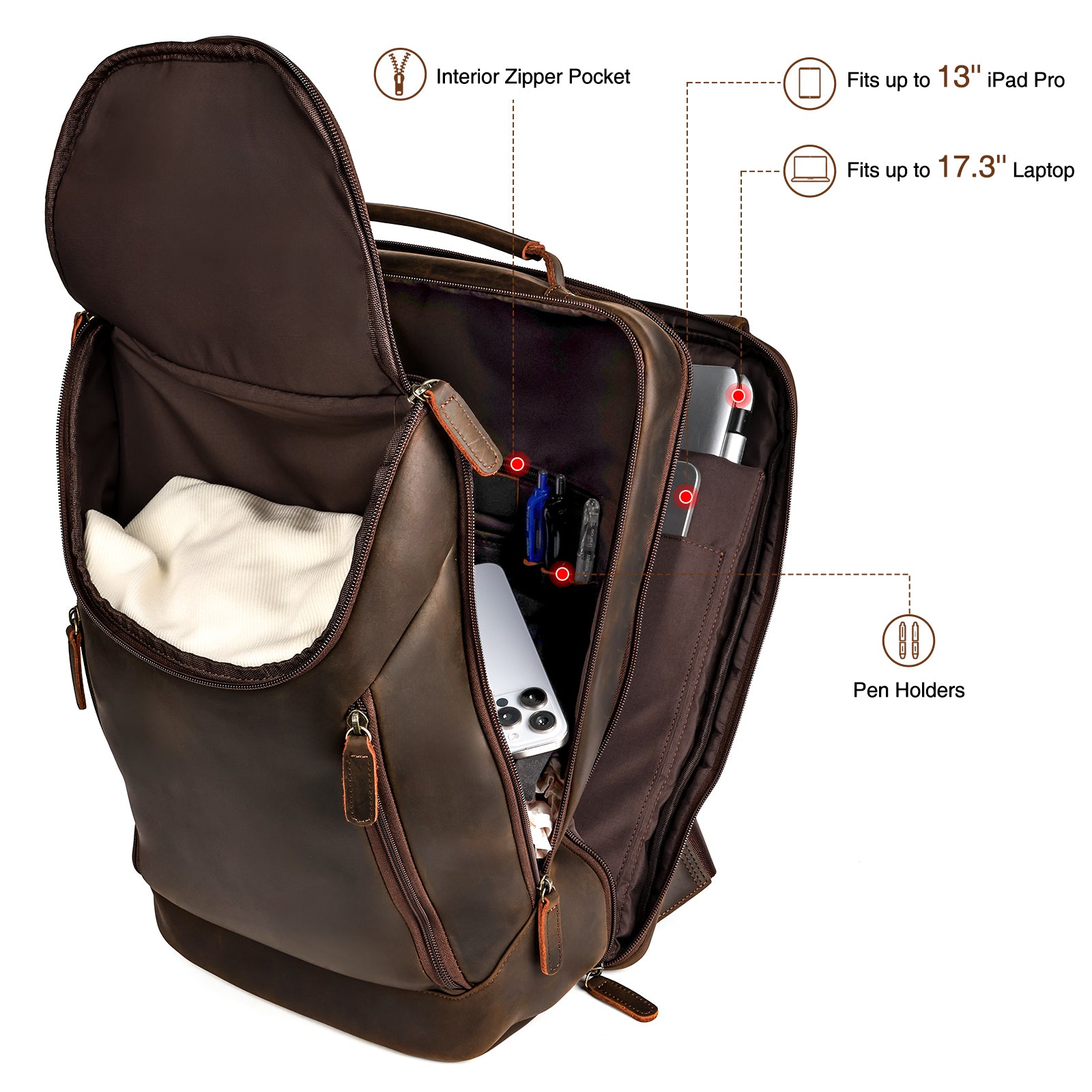 Full Grain Leather Backpack for Men organized main compartment storage design