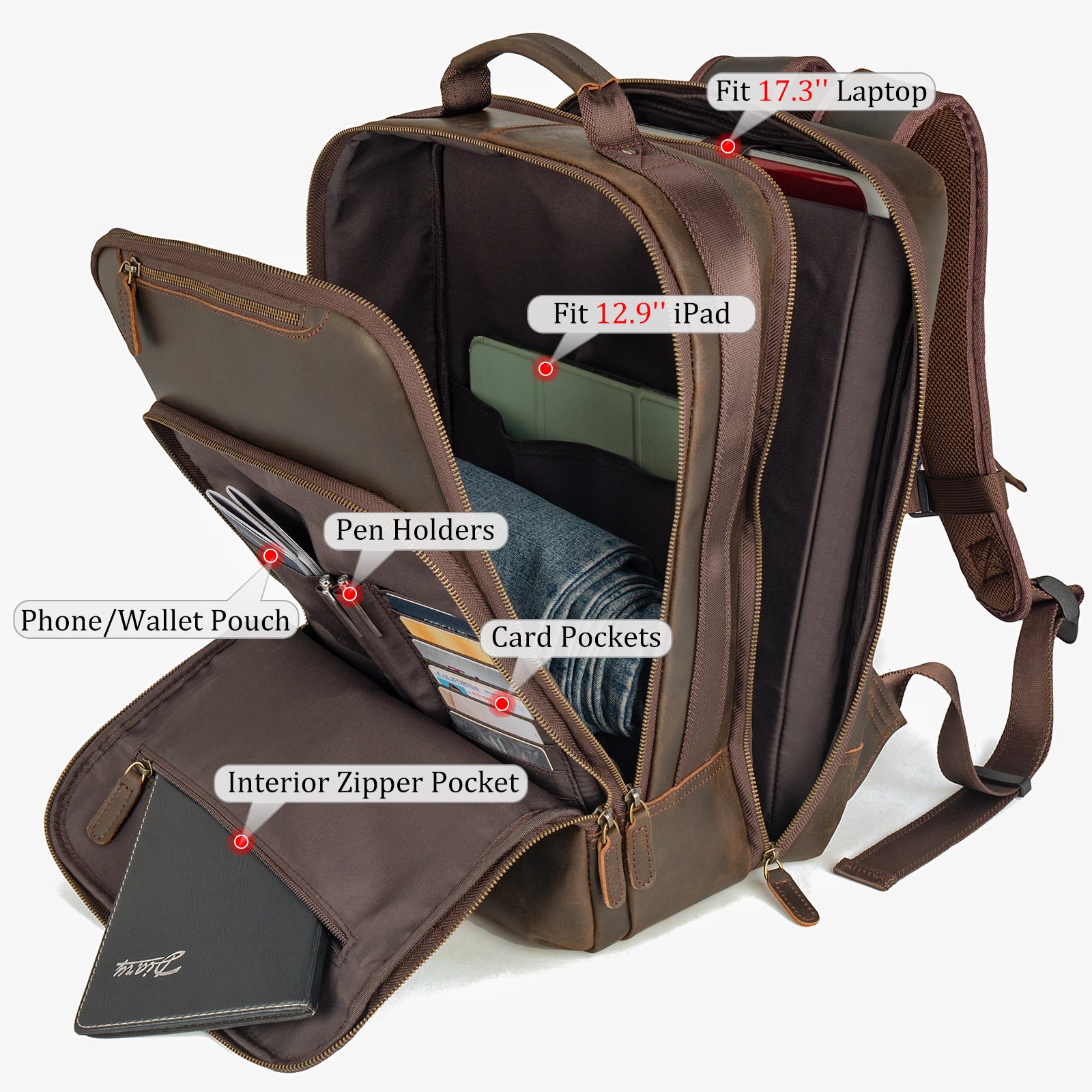 Full Grain Leather Large Backpack Business Laptop Bag 26L (Inside)