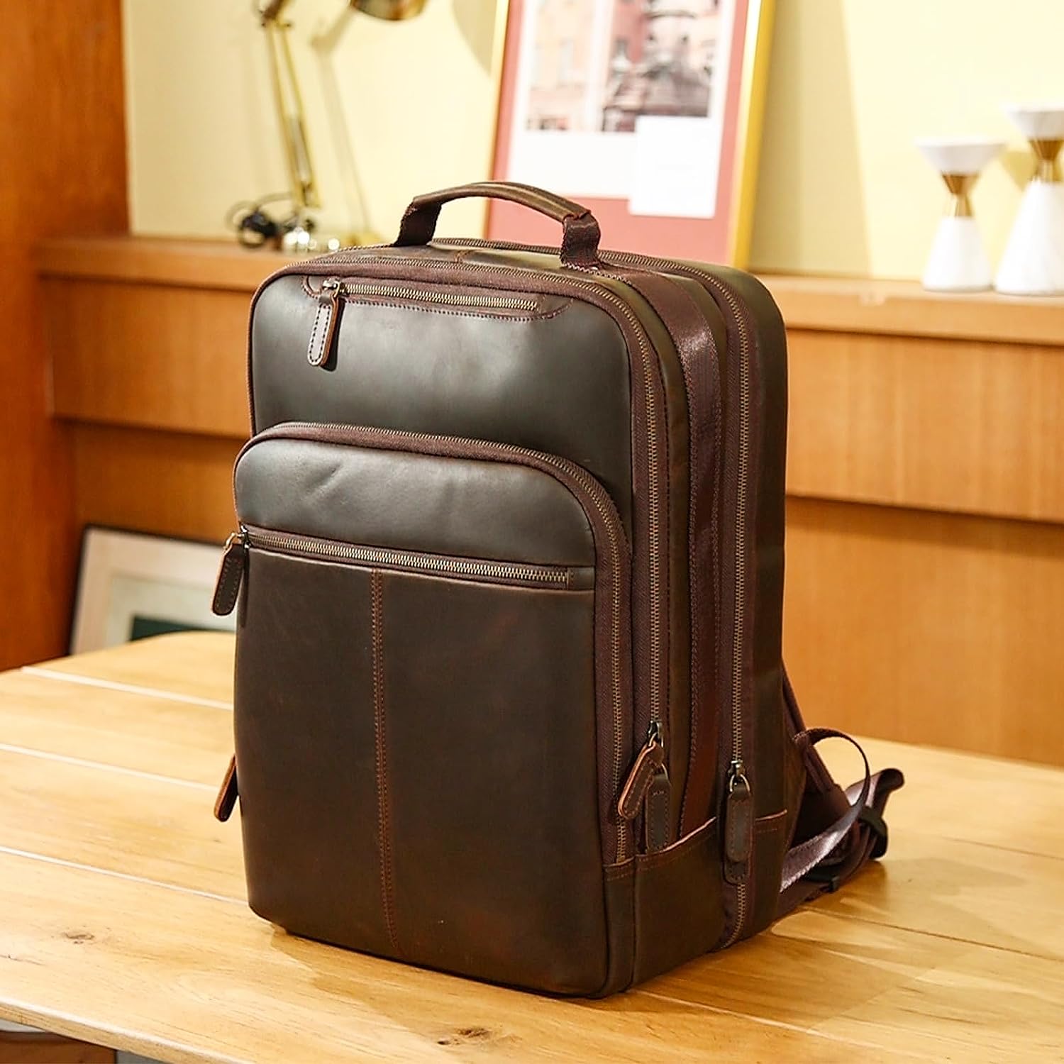 Full Grain Leather Large Backpack Business Laptop Bag 26L (Scenario Shows)