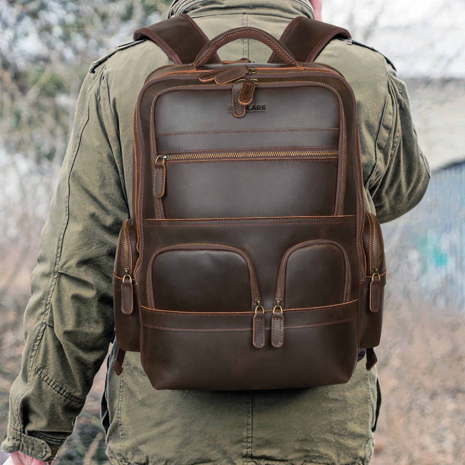 Full Grain Leather 17.3 Inch Laptop Backpack Large Travel Rucksack 29L (Model Display)