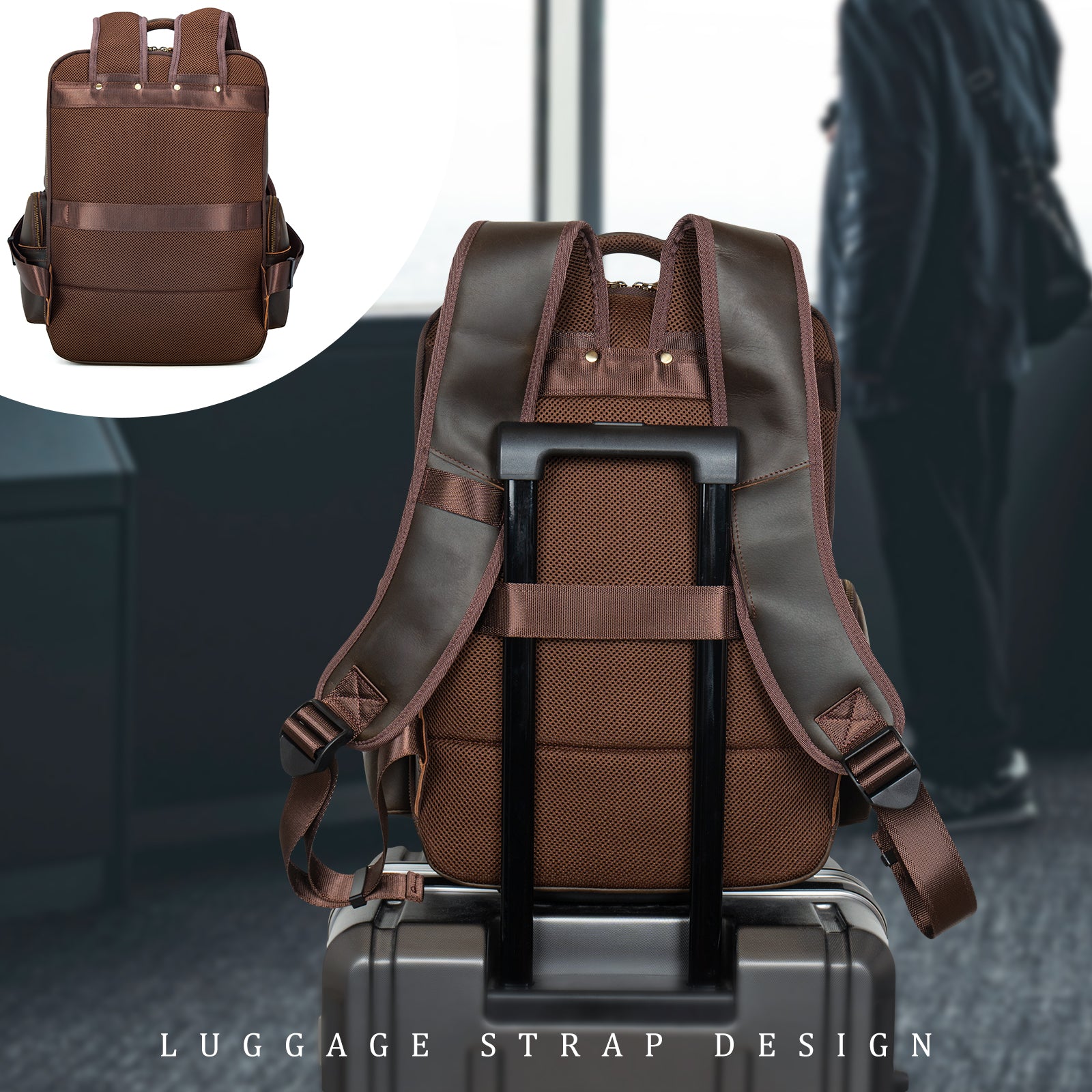 Full Grain Leather 17.3 Inch Laptop Backpack Large Travel Rucksack 29L (Back)