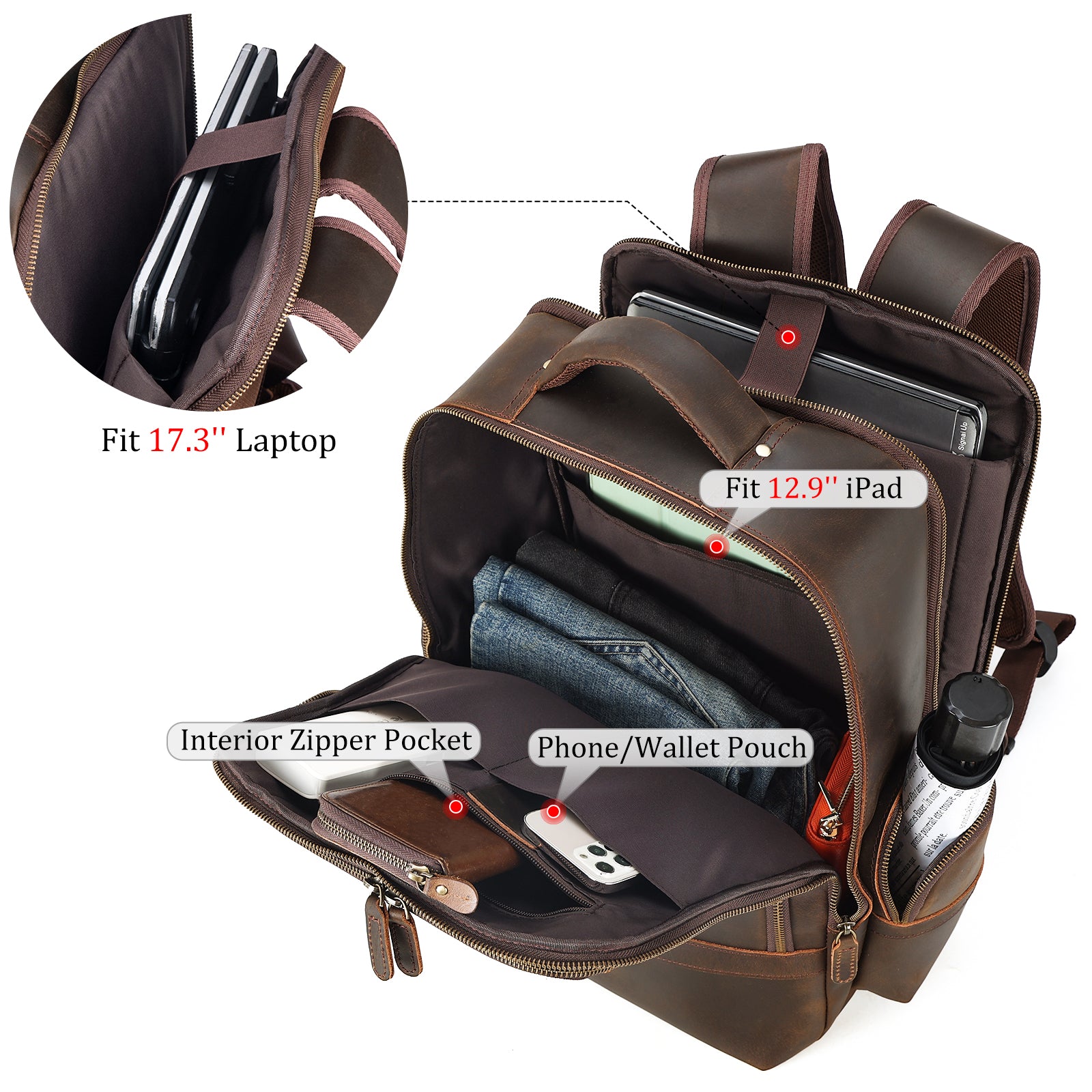 Full Grain Leather 17.3 Inch Laptop Backpack Large Travel Rucksack 29L (Inside)