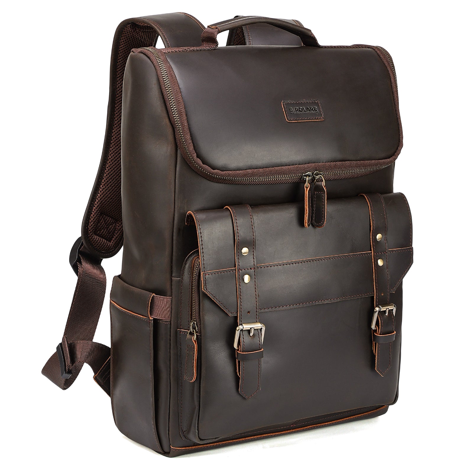 Polare Leather Business Overnight Travel Backpack (Dark Brown)