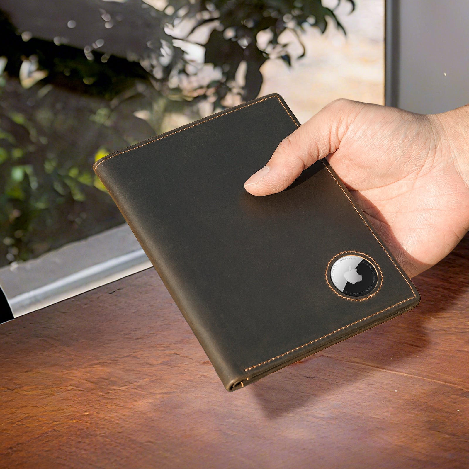 Luxury RFID Blocking Leather Passport Holder Travel Wallet with AirTag Slot (Model Display)