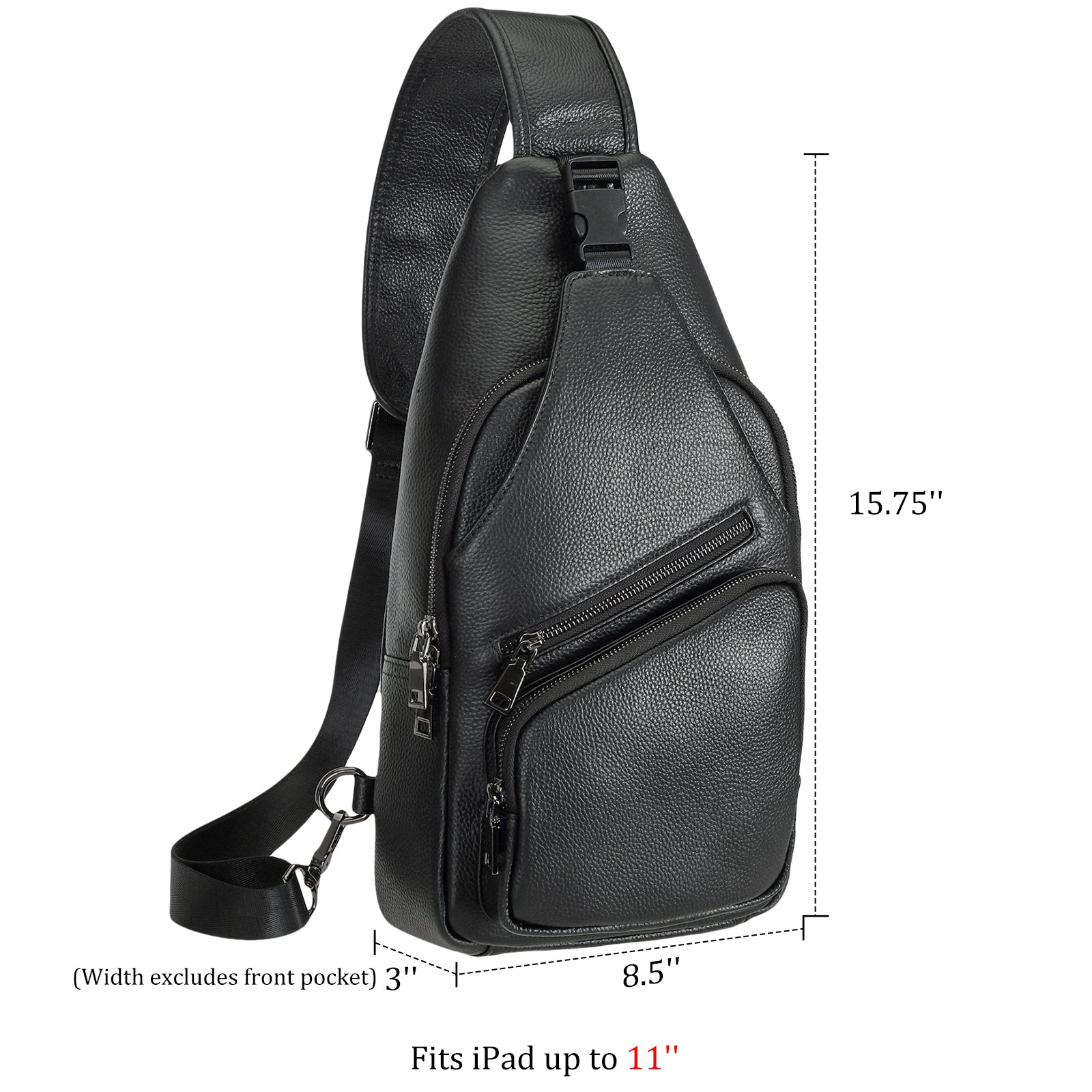 Polare Cowhide Leather Sling Bag Waterproof Crossbody Casual Daypack (Black,Dimension)