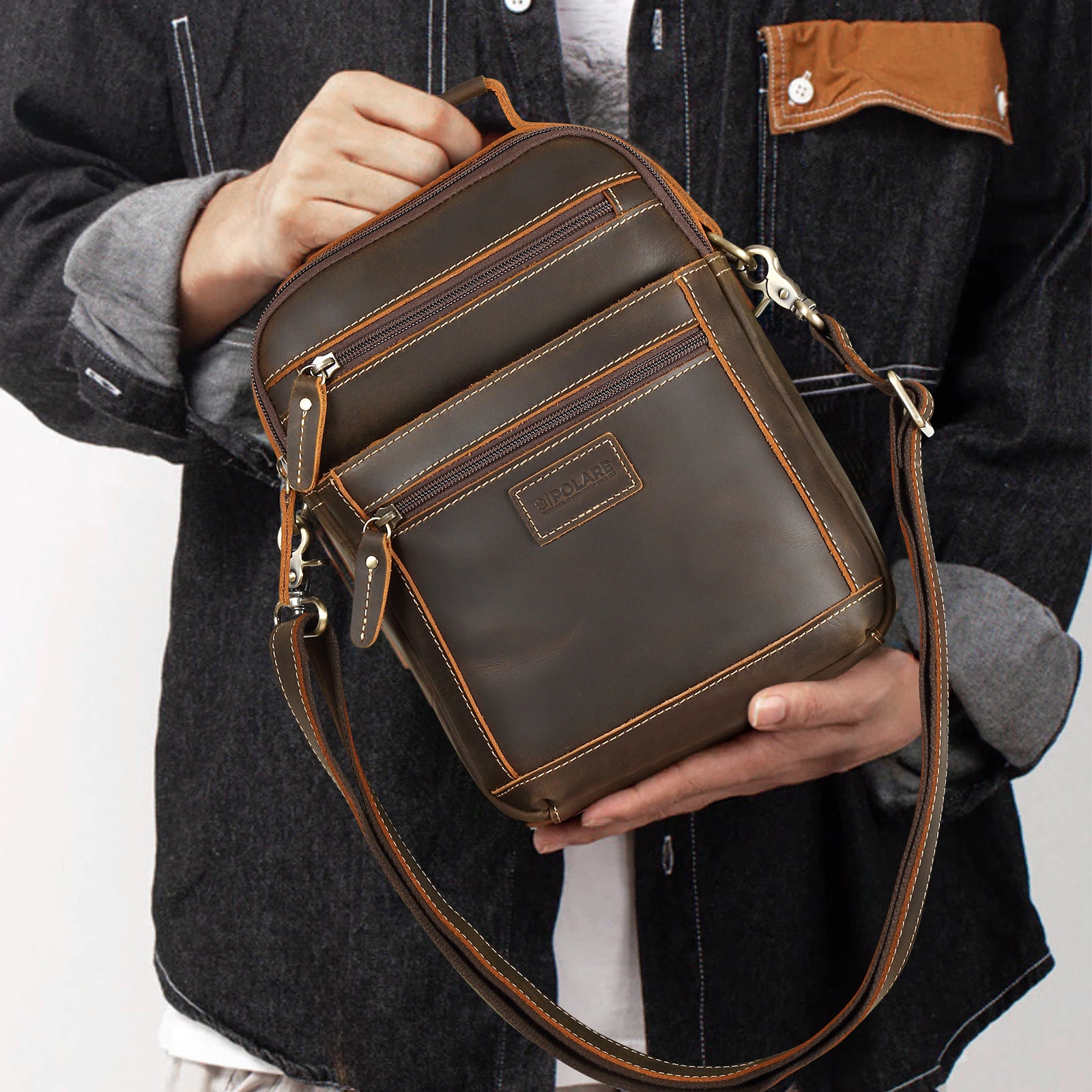 Full Grain Leather Chest Shoulder Bag Casual Business Handbag (Model Display)
