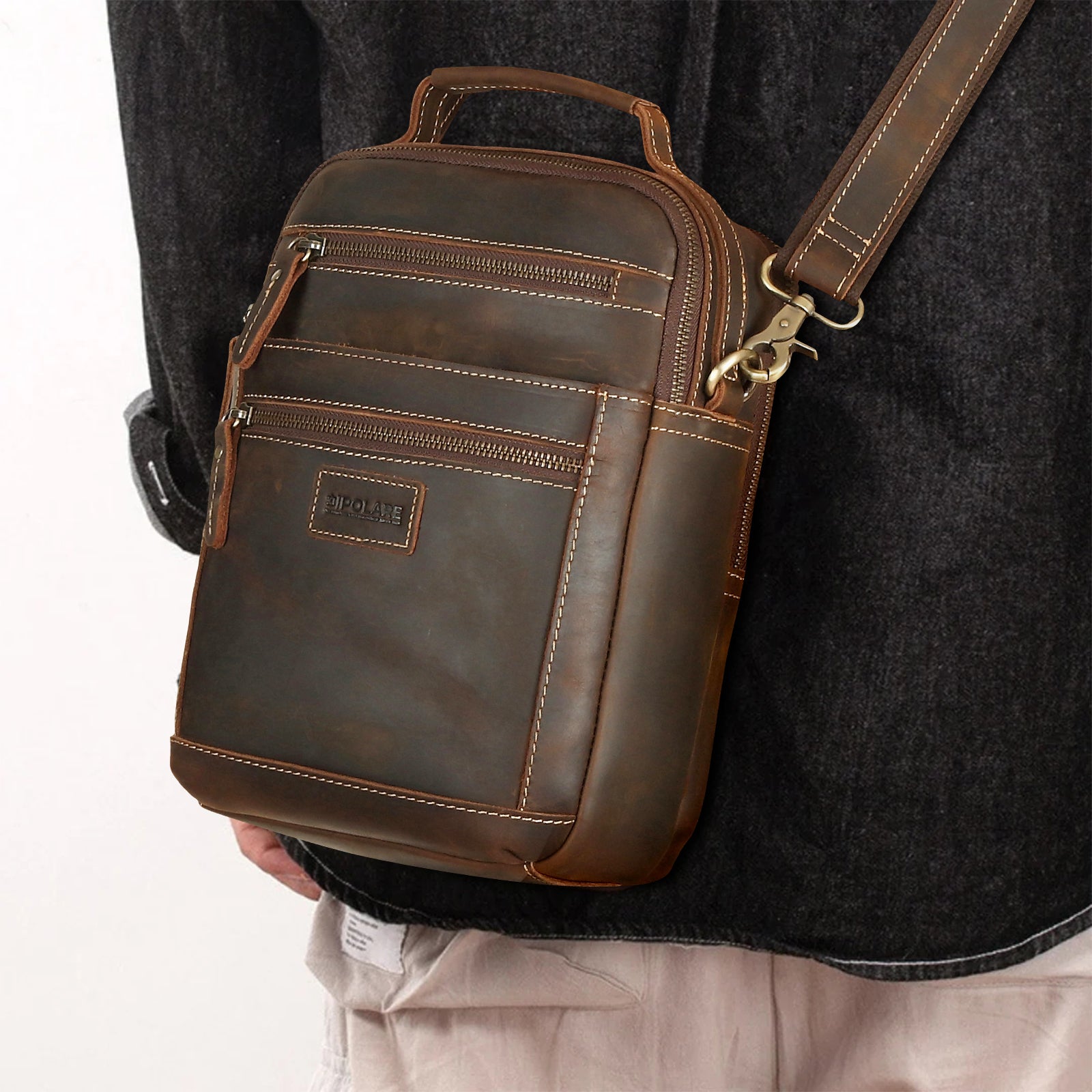 Full Grain Leather Chest Shoulder Bag Casual Business Handbag (Model Display)