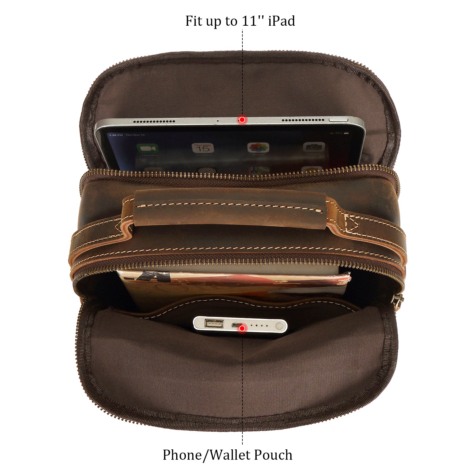 Full Grain Leather Chest Shoulder Bag Casual Business Handbag (nside)
