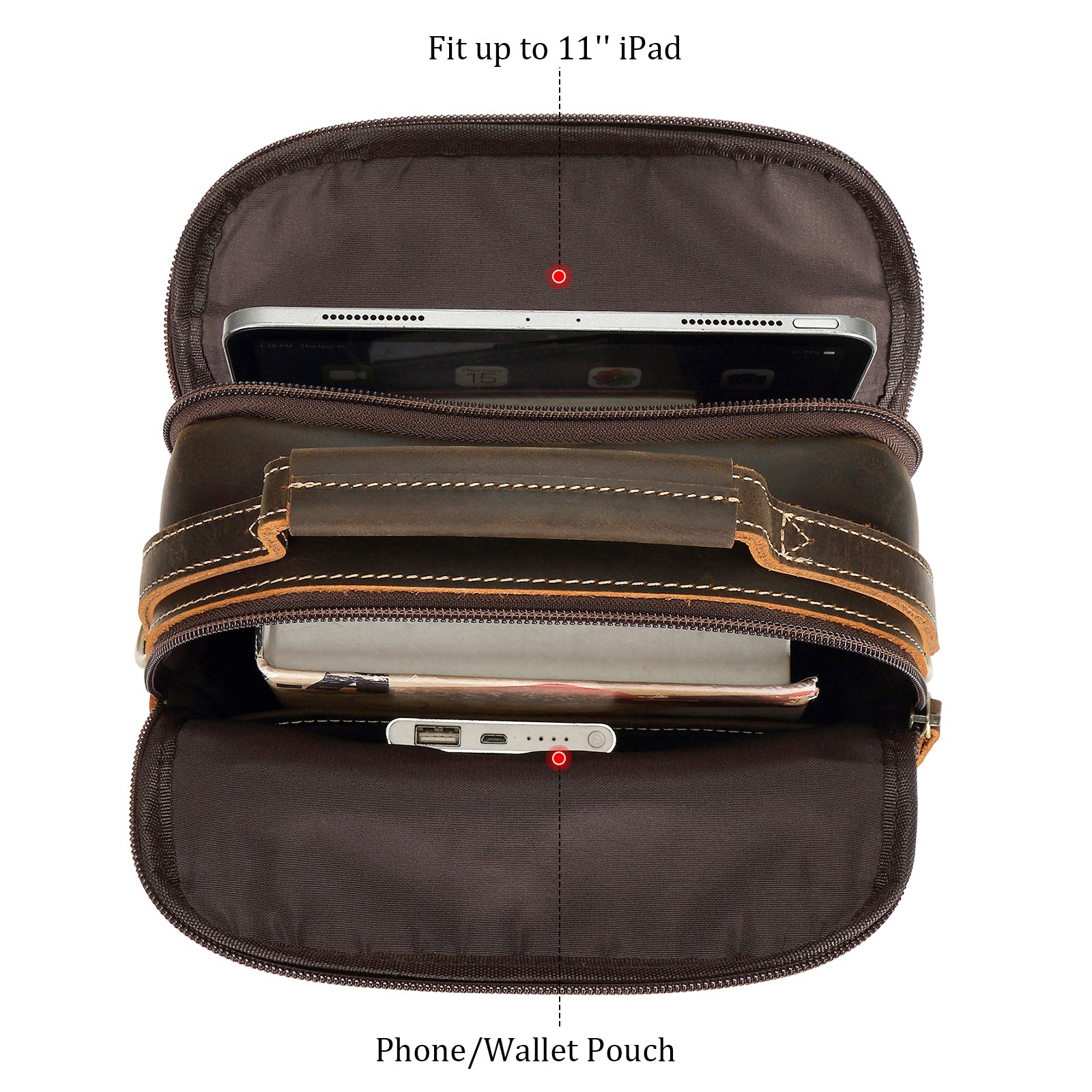 Full Grain Leather Chest Shoulder Bag Casual Business Handbag (nside)