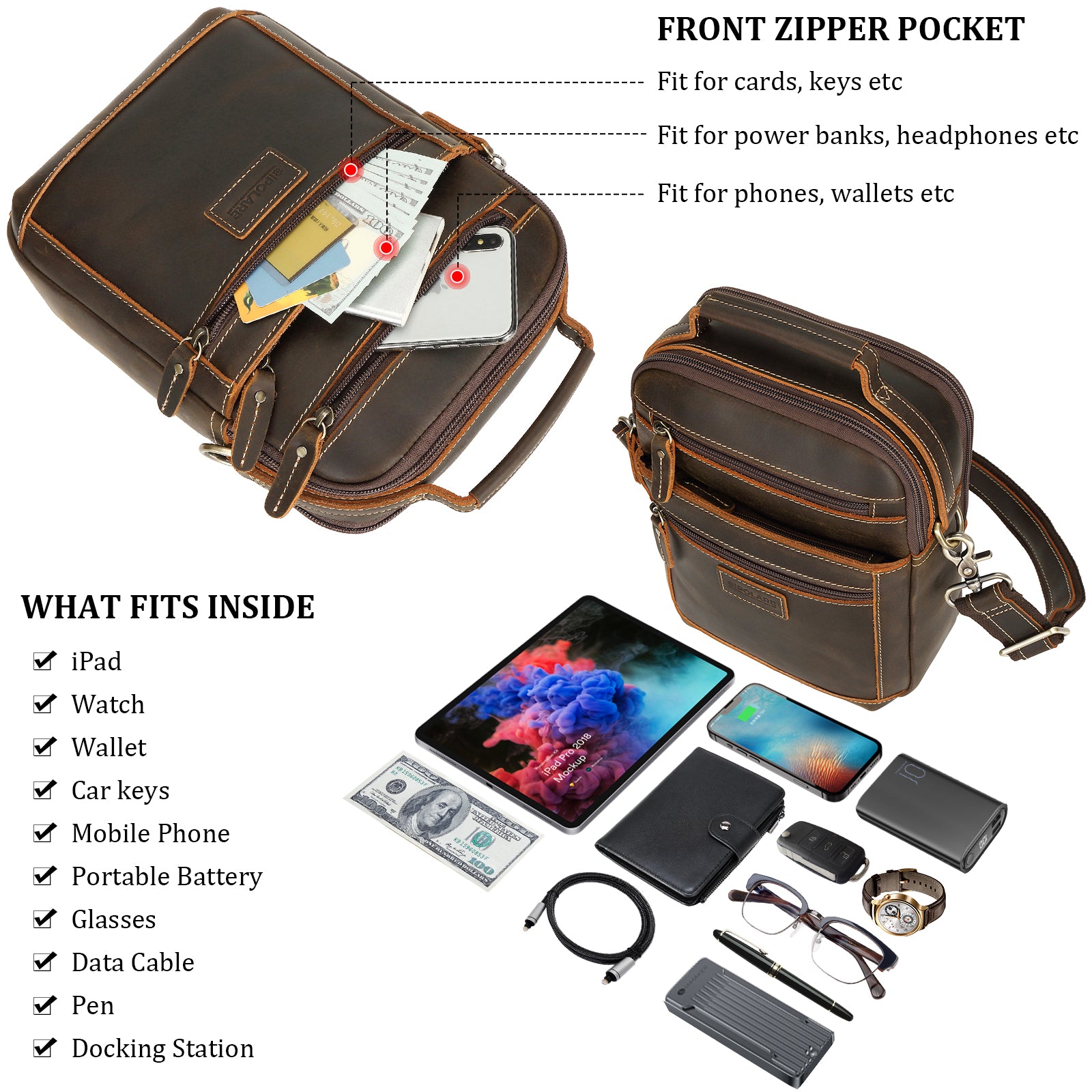 Full Grain Leather Chest Shoulder Bag Casual Business Handbag (Top)