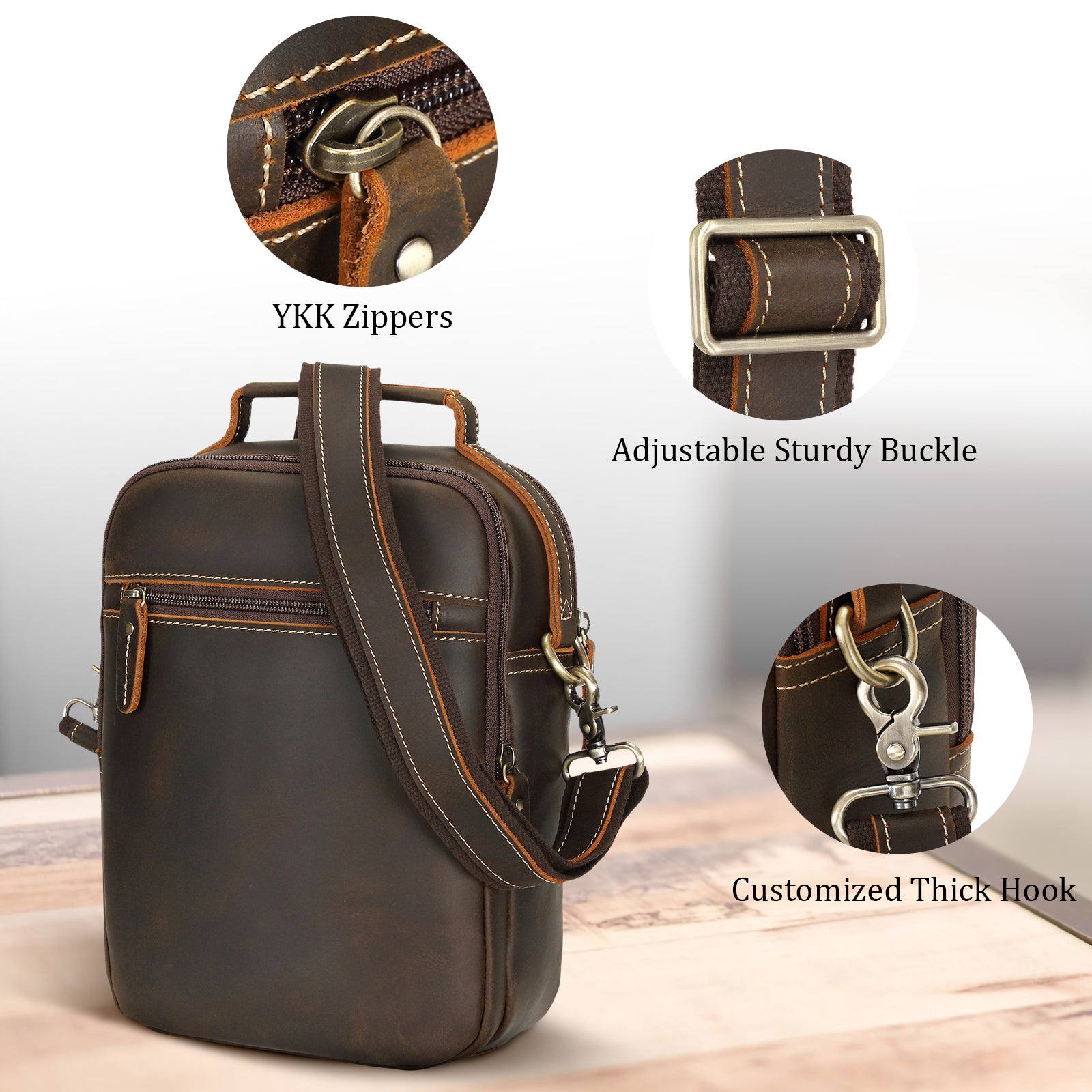Full Grain Leather Chest Shoulder Bag Casual Business Handbag (Back,Details)