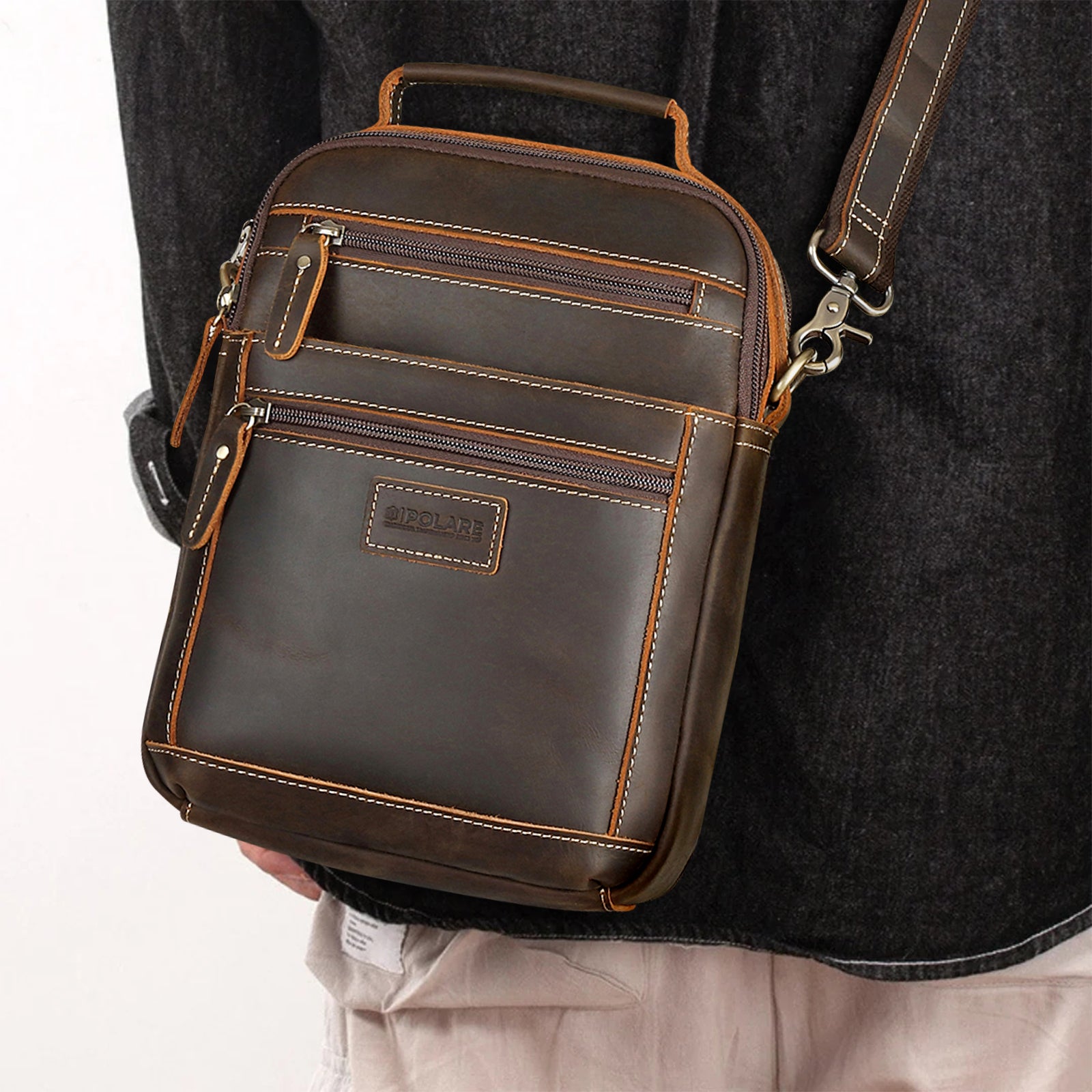 Full Grain Leather Chest Shoulder Bag Casual Business Handbag (Model Display)