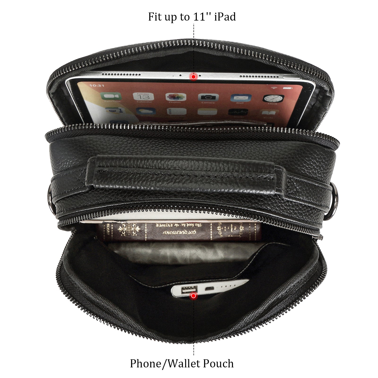 Cowhide Leather Chest Shoulder Bag Casual Waterproof Handbag (Inside)