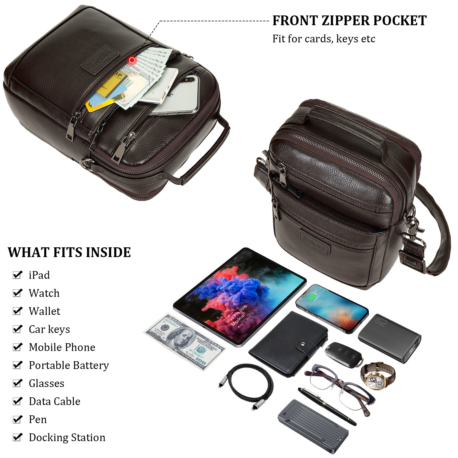 Cowhide Leather Chest Shoulder Bag Casual Waterproof Handbag (Front Pocket/Top)