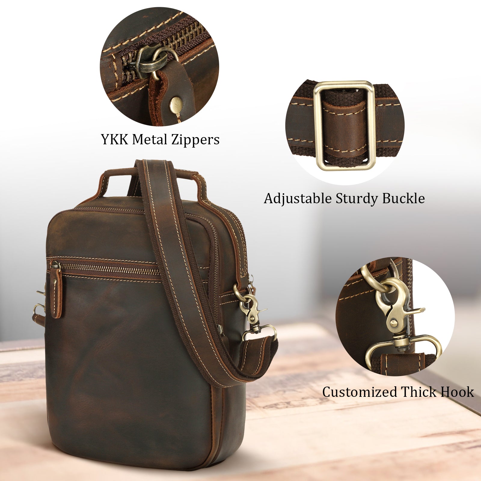 Full Grain Leather Chest Shoulder Bag Casual Business Handbag (Back,Details)