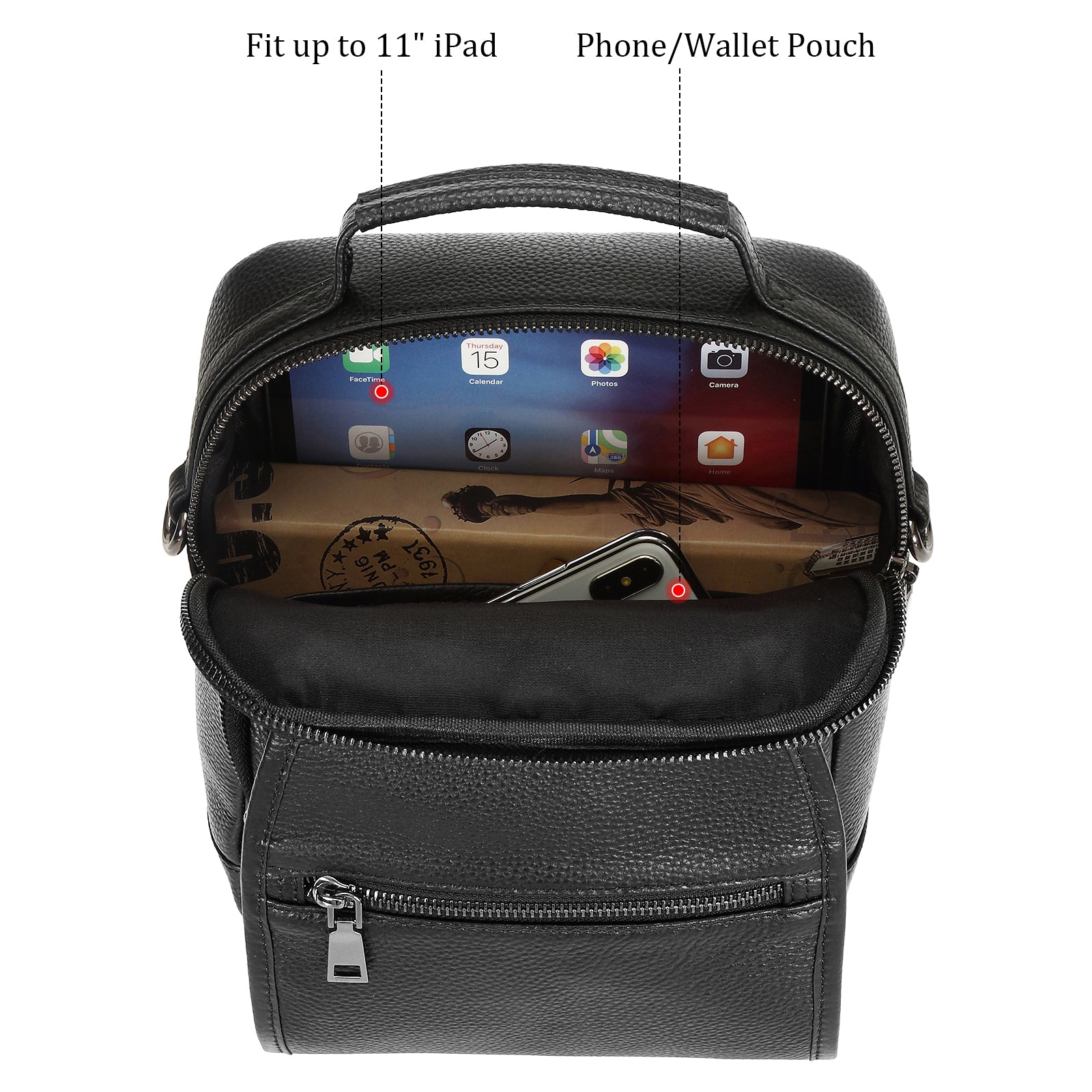 Italian Leather Messenger Bag Waterproof Travel Shoulder Bag (Inside)